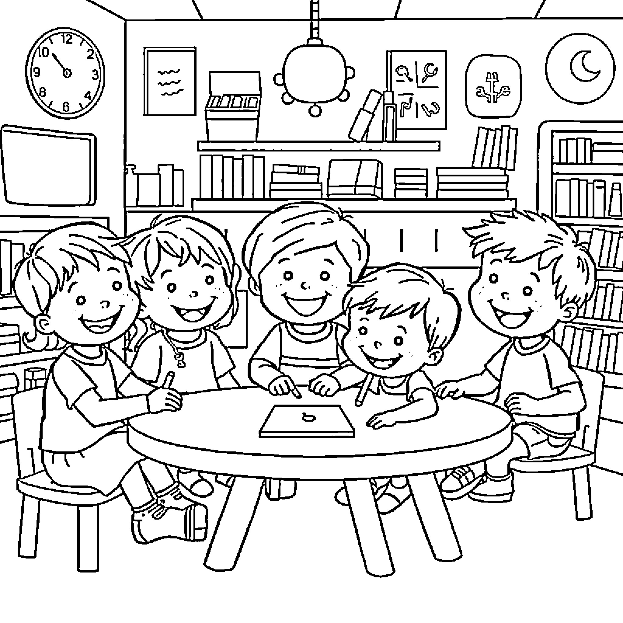 Preschoolers working together at a table Coloring Page (free black-and-white line drawing printable PDF for all, from beginners to advanced learners, including children, teens, adults, and seniors)