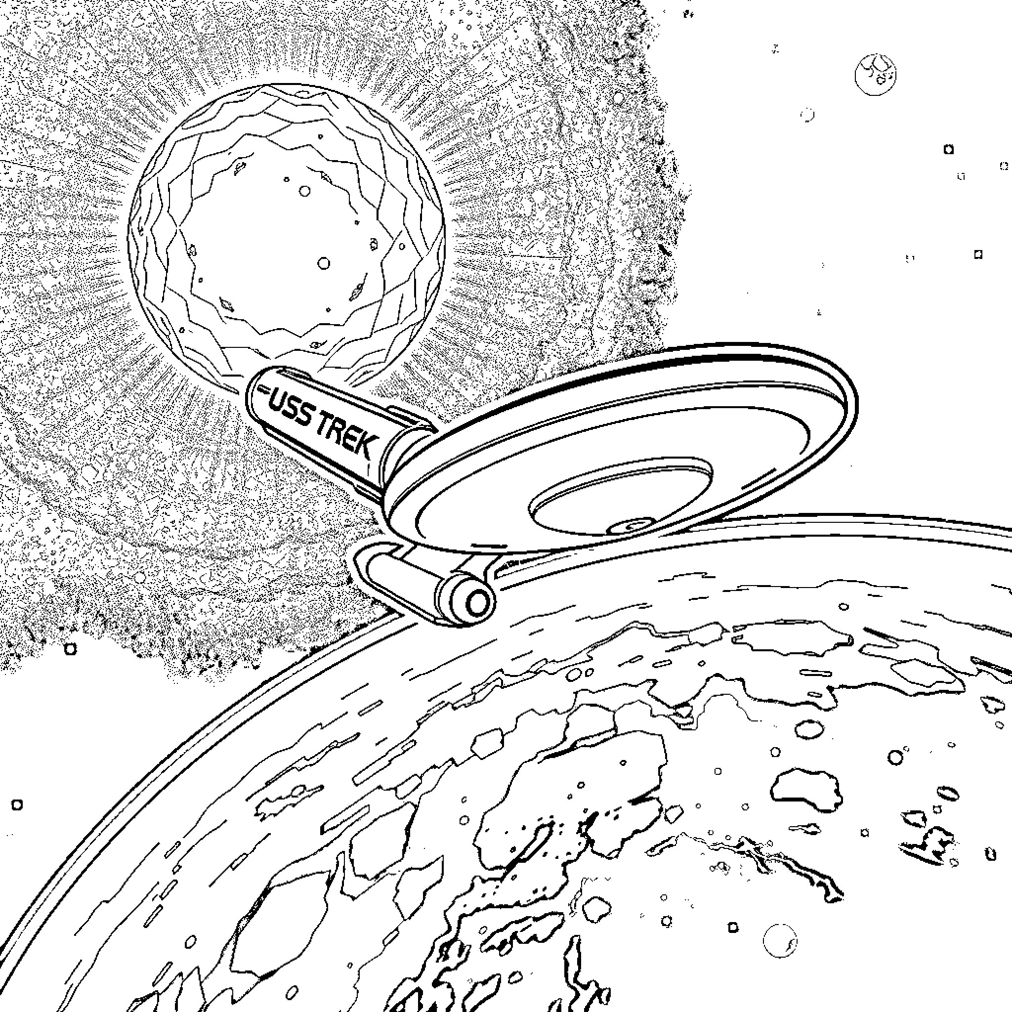 USS Enterprise soaring through space Coloring Page (free black-and-white line drawing printable PDF for all, from beginners to advanced learners, including children, teens, adults, and seniors)