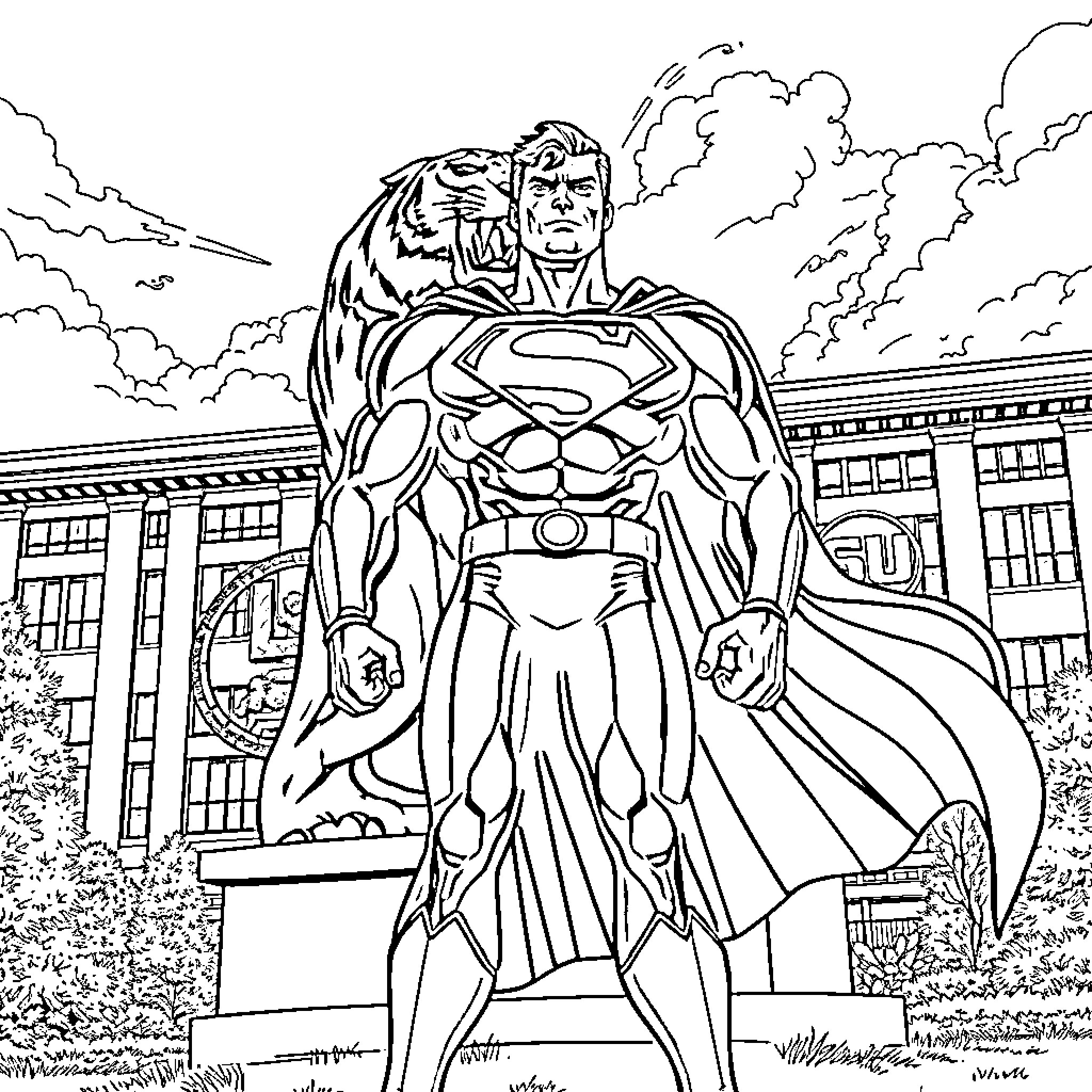 Superman standing heroically with a tiger in the background Coloring Page (free black-and-white line drawing printable PDF for all, from beginners to advanced learners, including children, teens, adults, and seniors)