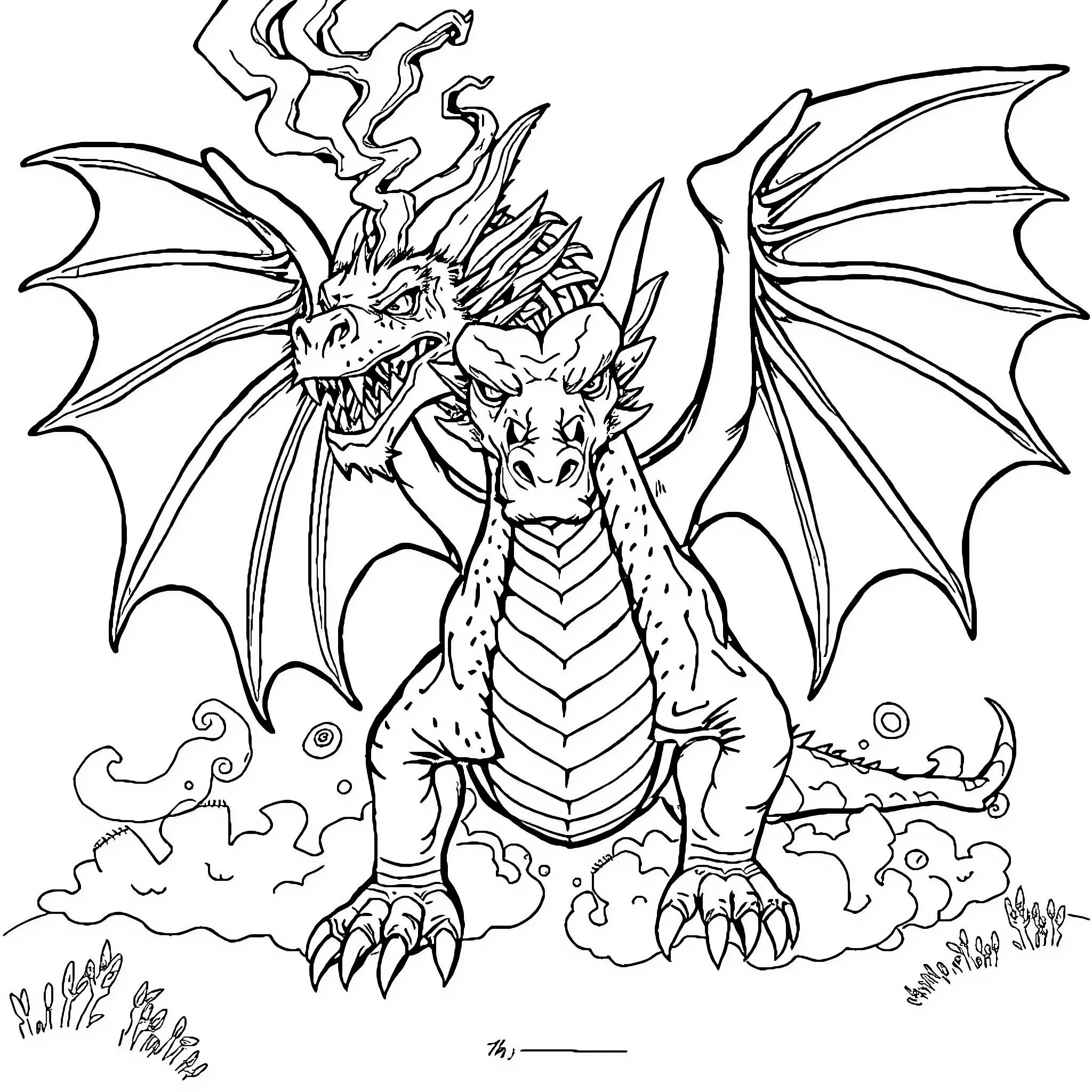 Dragon creatures engaged in fierce battle Coloring Page (free black-and-white line drawing printable PDF for all, from beginners to advanced learners, including children, teens, adults, and seniors)
