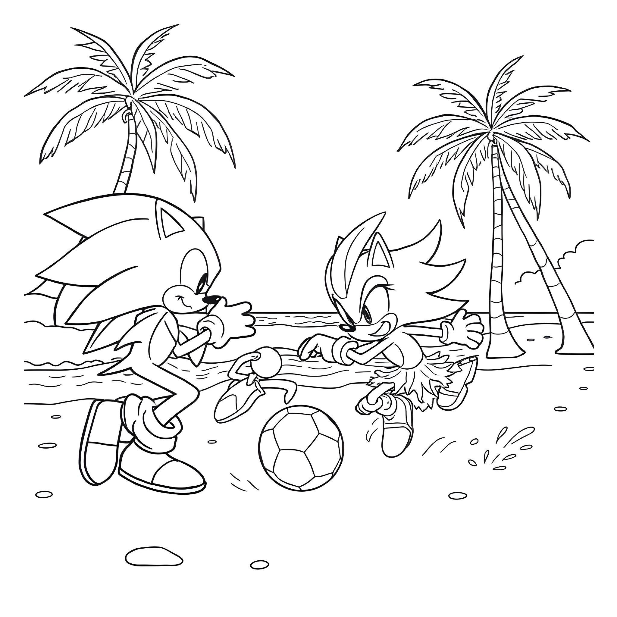 Football fun on the tropical beach Coloring Page (free black-and-white line drawing printable PDF for all, from beginners to advanced learners, including children, teens, adults, and seniors)