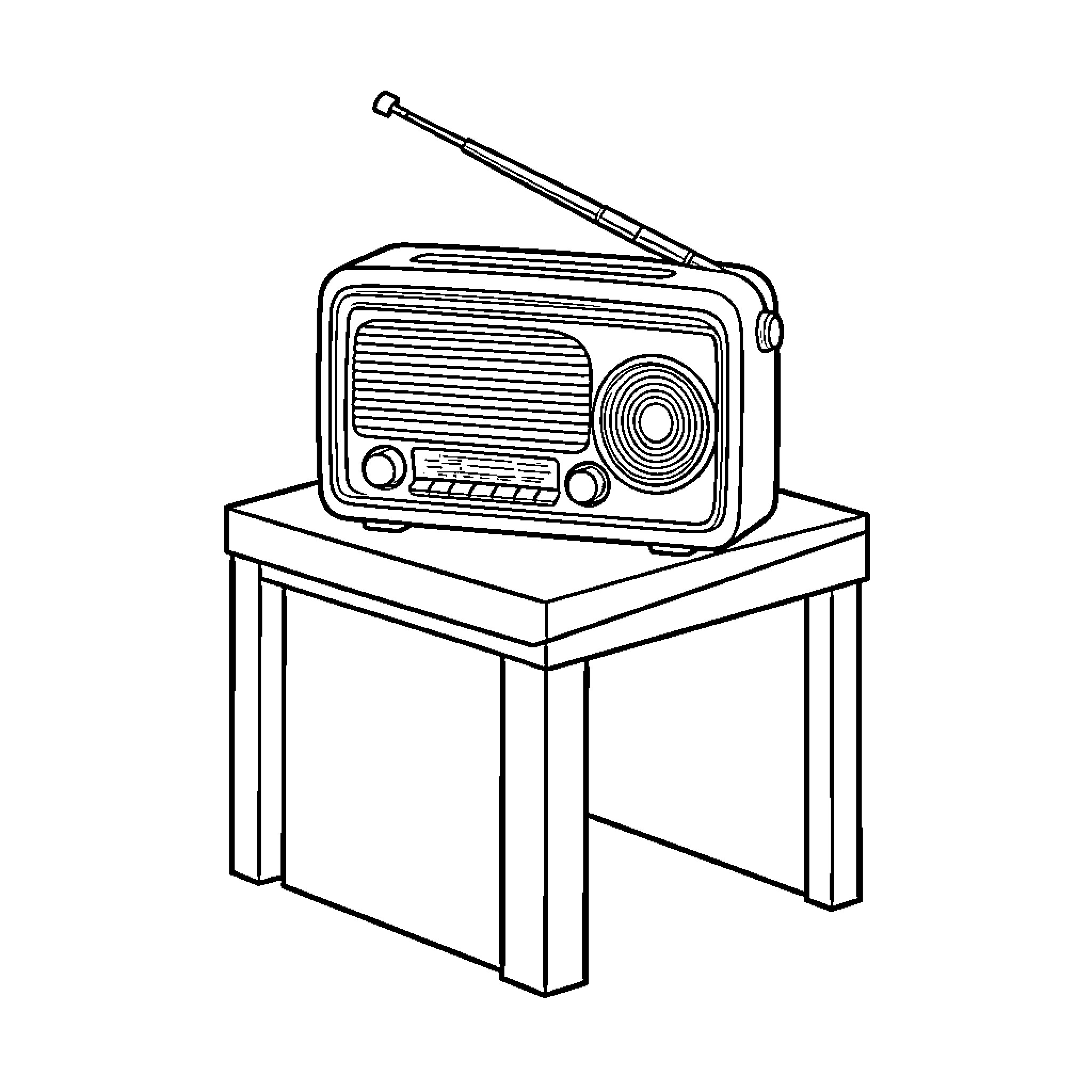 Radio broadcasting on a wooden table Coloring Page (free black-and-white line drawing printable PDF for all, from beginners to advanced learners, including children, teens, adults, and seniors)