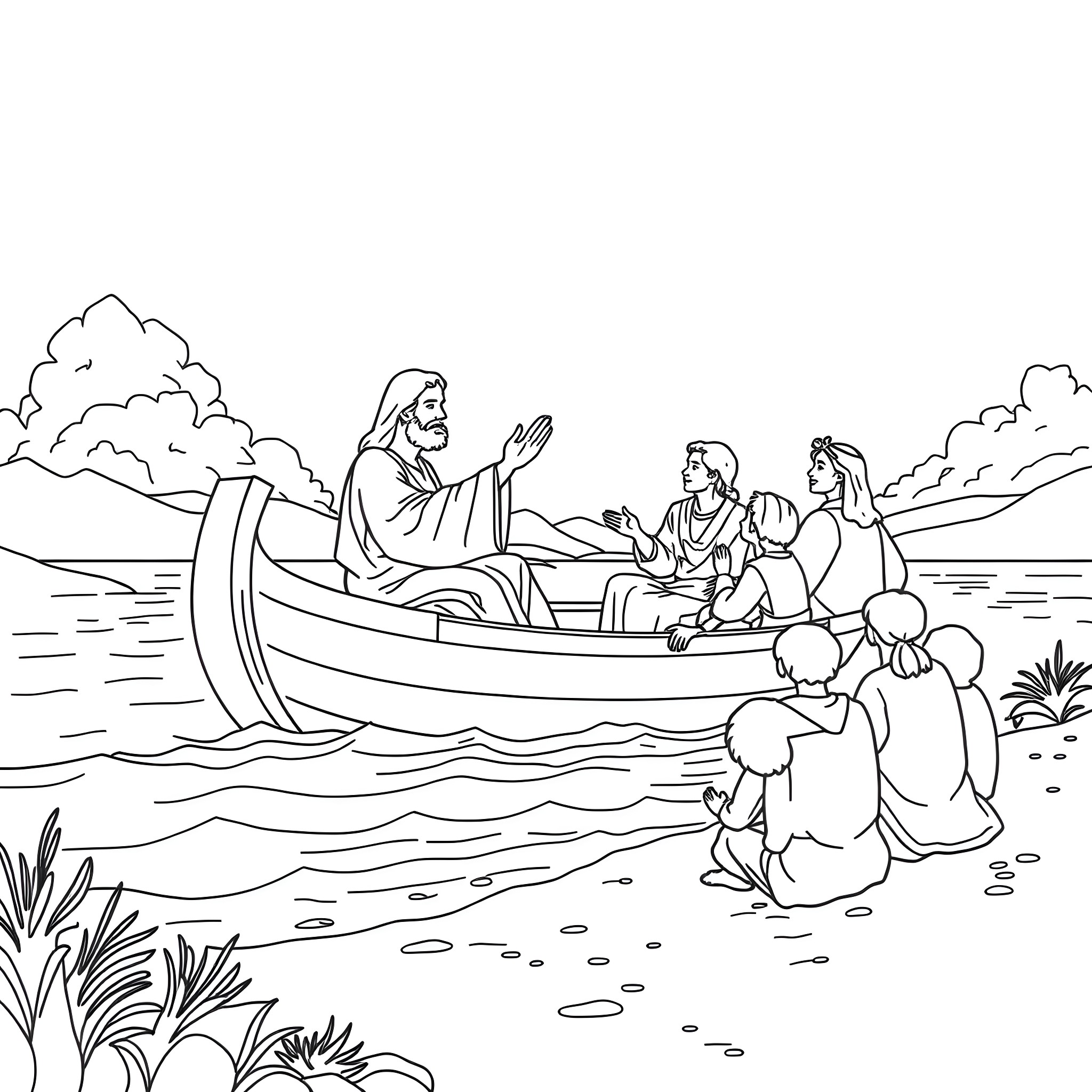Jesus teaches and blesses people on the sea Coloring Page (free black-and-white line drawing printable PDF for all, from beginners to advanced learners, including children, teens, adults, and seniors)