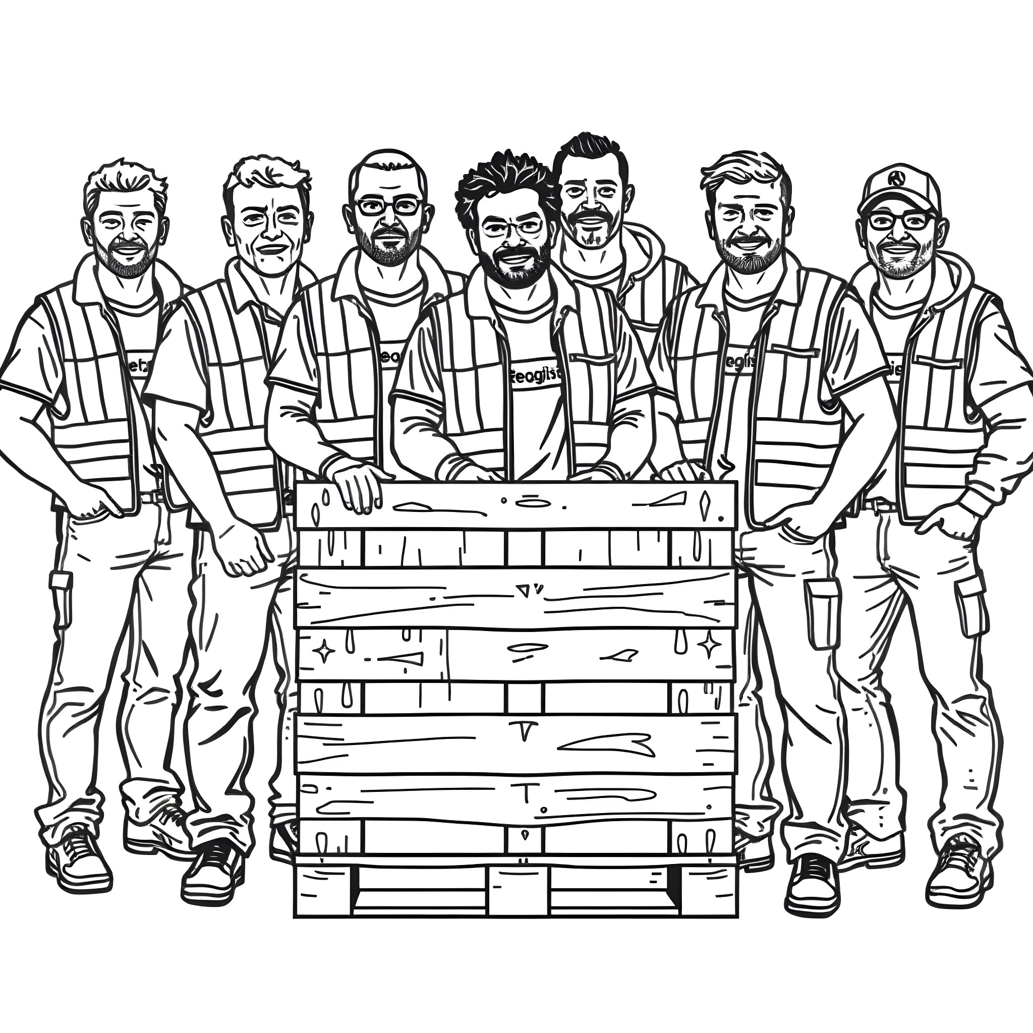 Men working as a team on a construction site Coloring Page (free black-and-white line drawing printable PDF for all, from beginners to advanced learners, including children, teens, adults, and seniors)