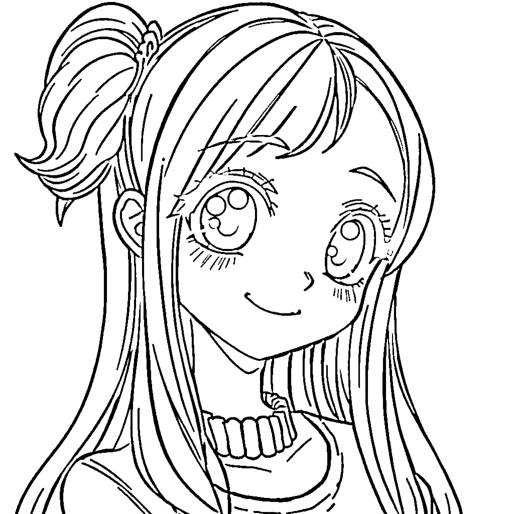 Anime Girl with Smiling Expression Coloring Page (free black-and-white line drawing printable PDF for all, from beginners to advanced learners, including children, teens, adults, and seniors)
