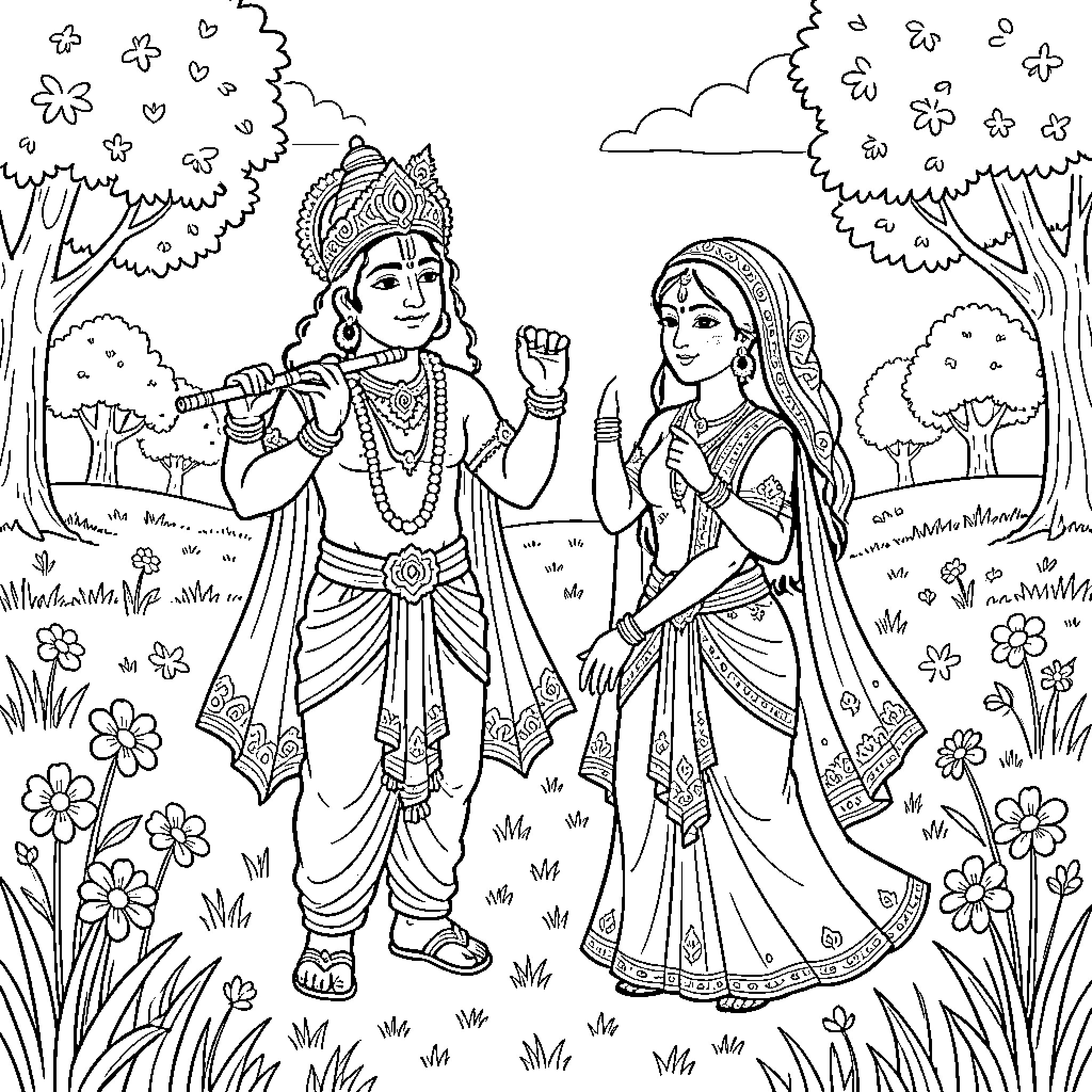 Krishna playing flute while standing with Radha in garden Coloring Page (free black-and-white line drawing printable PDF for all, from beginners to advanced learners, including children, teens, adults, and seniors)