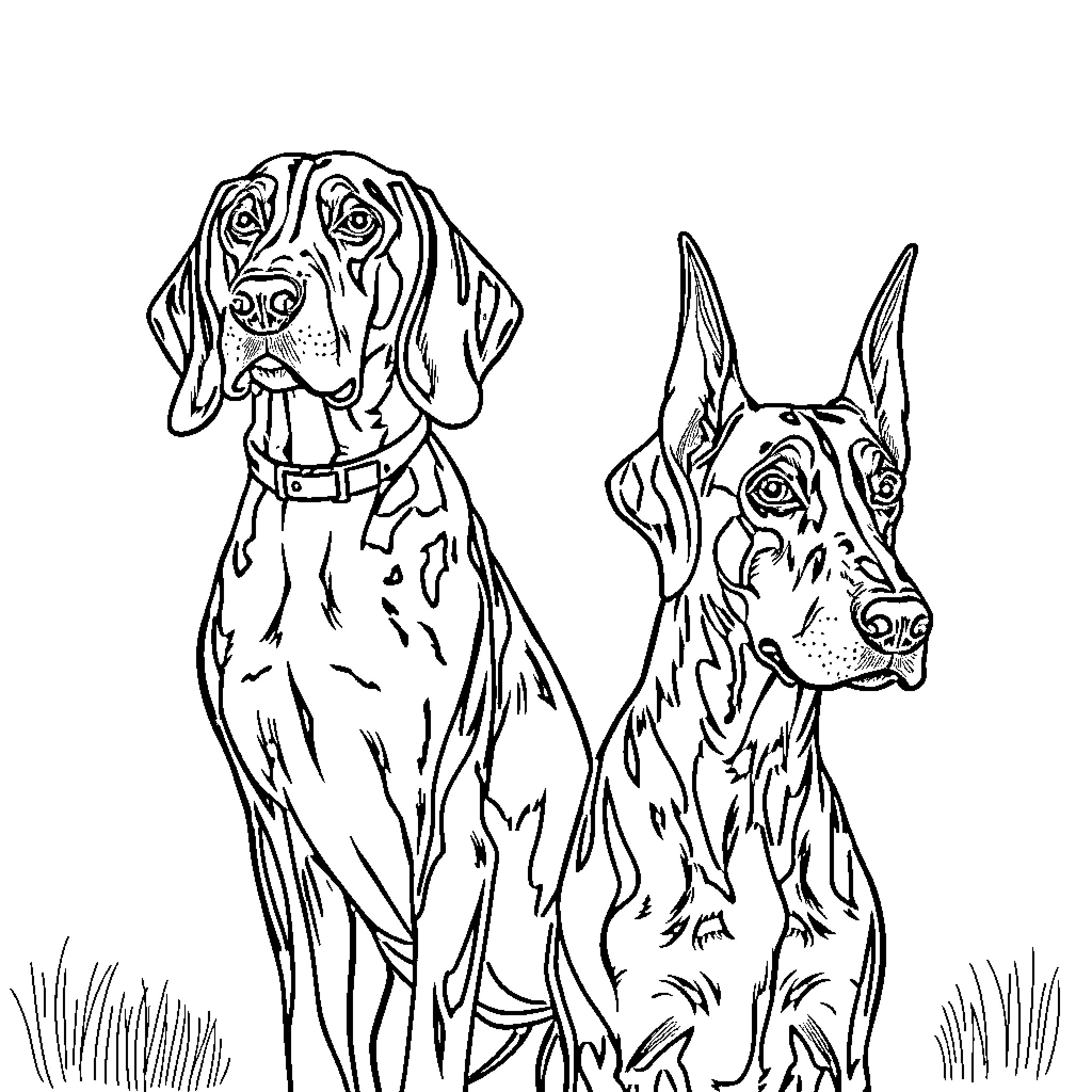 Dogs standing tall in the field Coloring Page (free black-and-white line drawing printable PDF for all, from beginners to advanced learners, including children, teens, adults, and seniors)