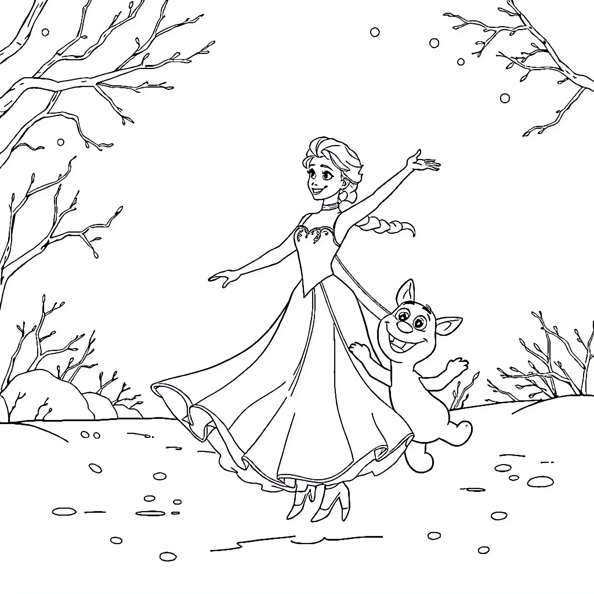 Elsa dancing joyfully with her pet in the winter wonderland Coloring Page (free black-and-white line drawing printable PDF for all, from beginners to advanced learners, including children, teens, adults, and seniors)