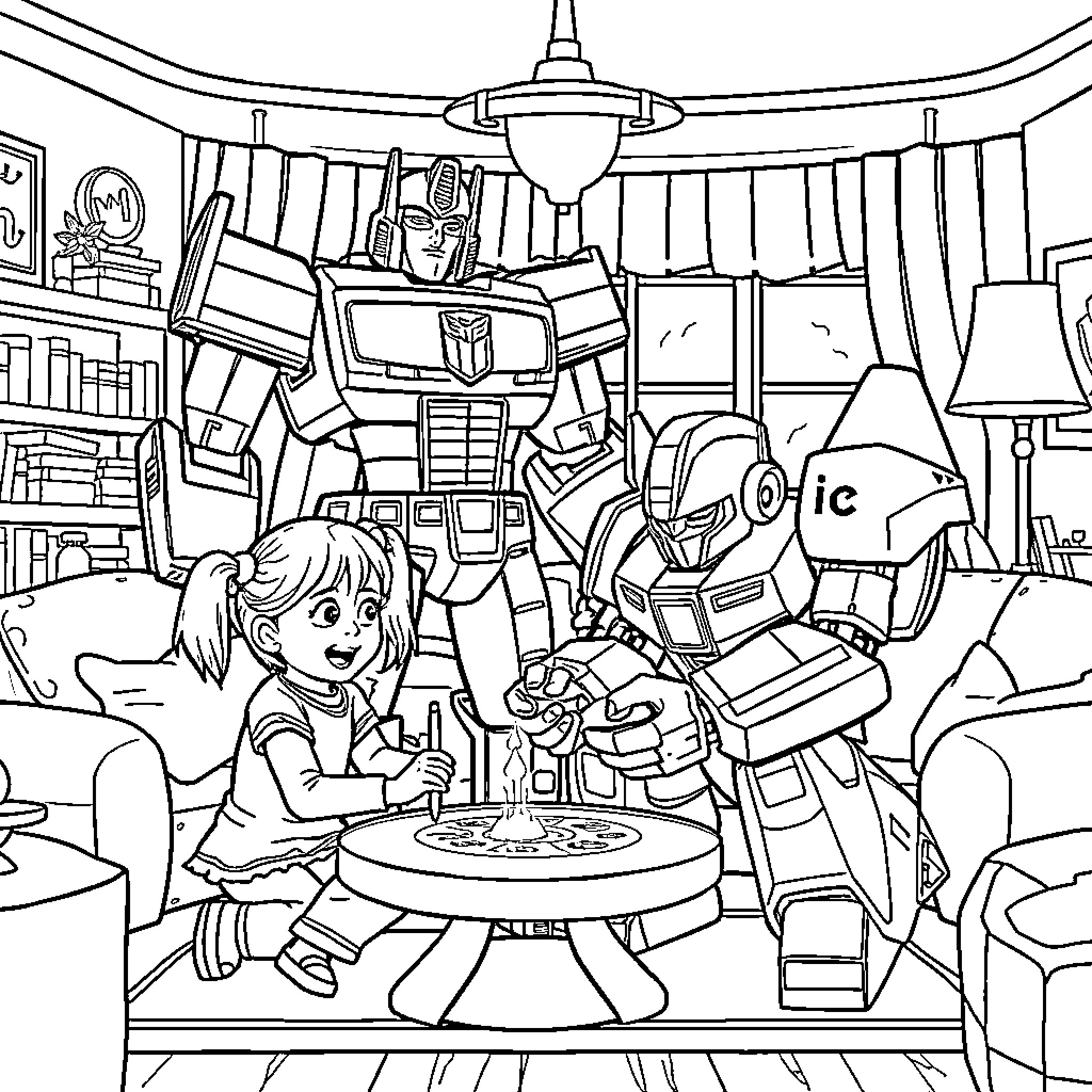 Optimus Prime enjoying downtime with child in cozy home Coloring Page (free black-and-white line drawing printable PDF for all, from beginners to advanced learners, including children, teens, adults, and seniors)