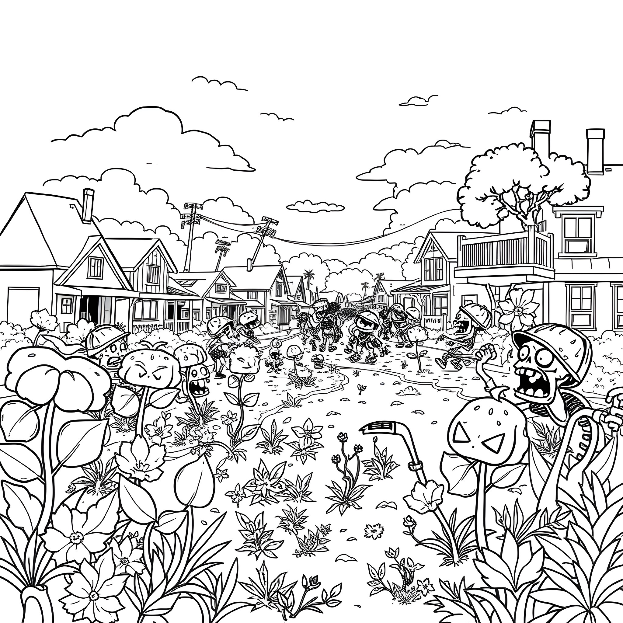 Plants vs. Zombies: Chaos in the Garden Coloring Page (free black-and-white line drawing printable PDF for all, from beginners to advanced learners, including children, teens, adults, and seniors)