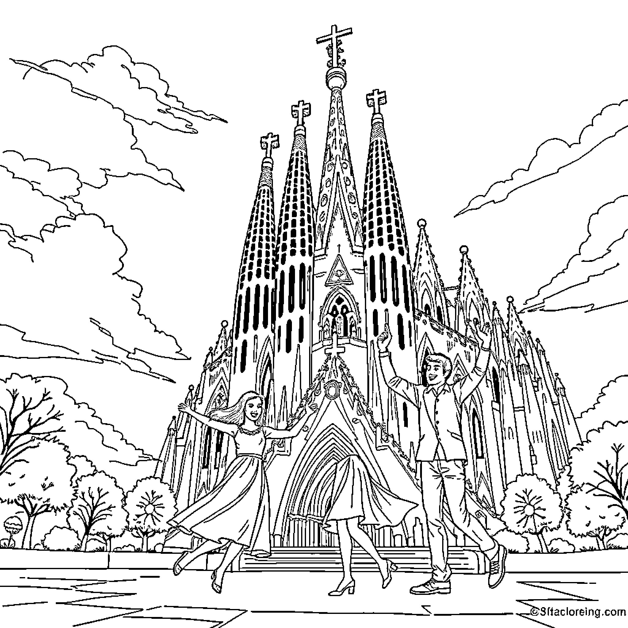 Family visiting the grand cathedral Coloring Page (free black-and-white line drawing printable PDF for all, from beginners to advanced learners, including children, teens, adults, and seniors)