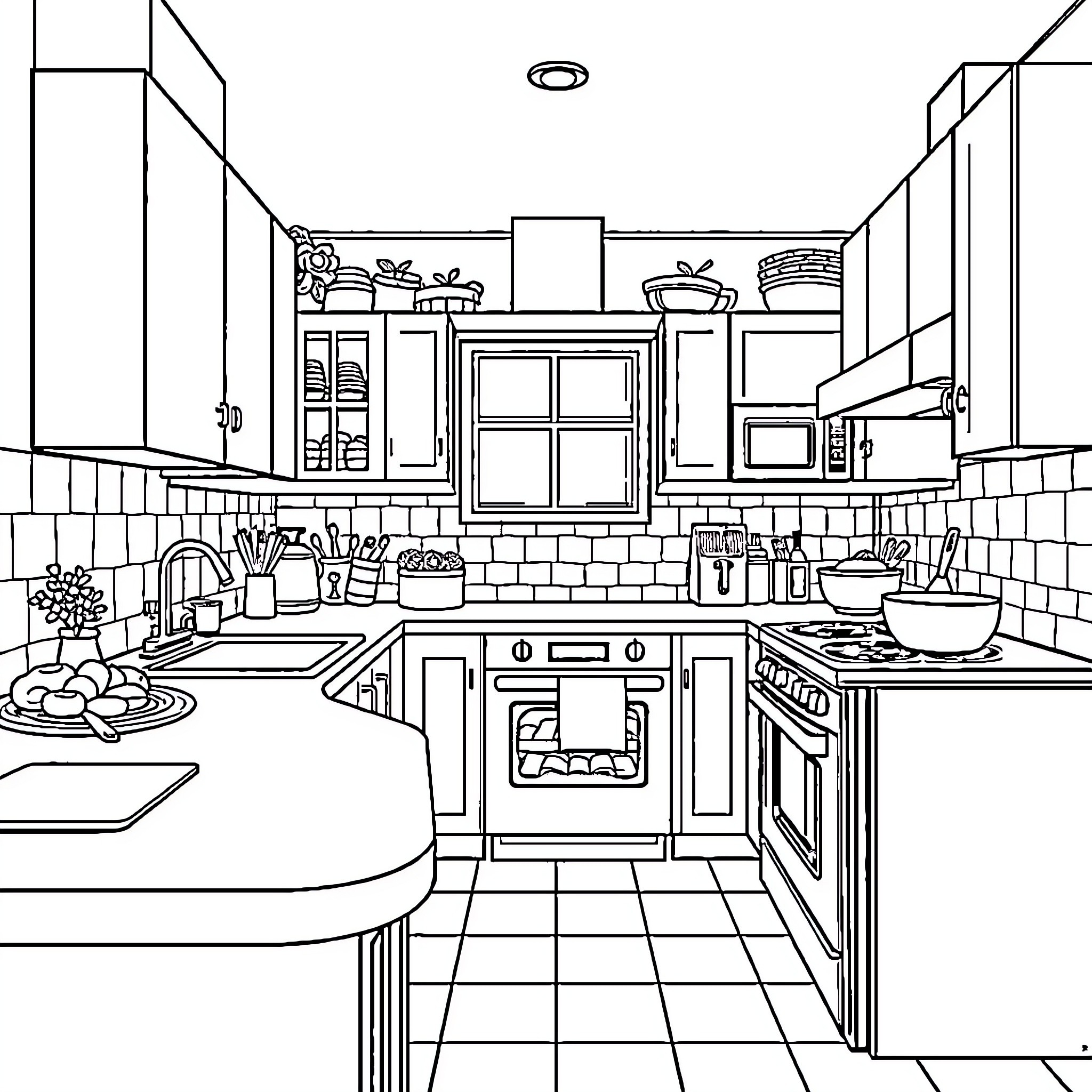Kitchen with Cooking Utensils and Appliances Coloring Page (free black-and-white line drawing printable PDF for all, from beginners to advanced learners, including children, teens, adults, and seniors)