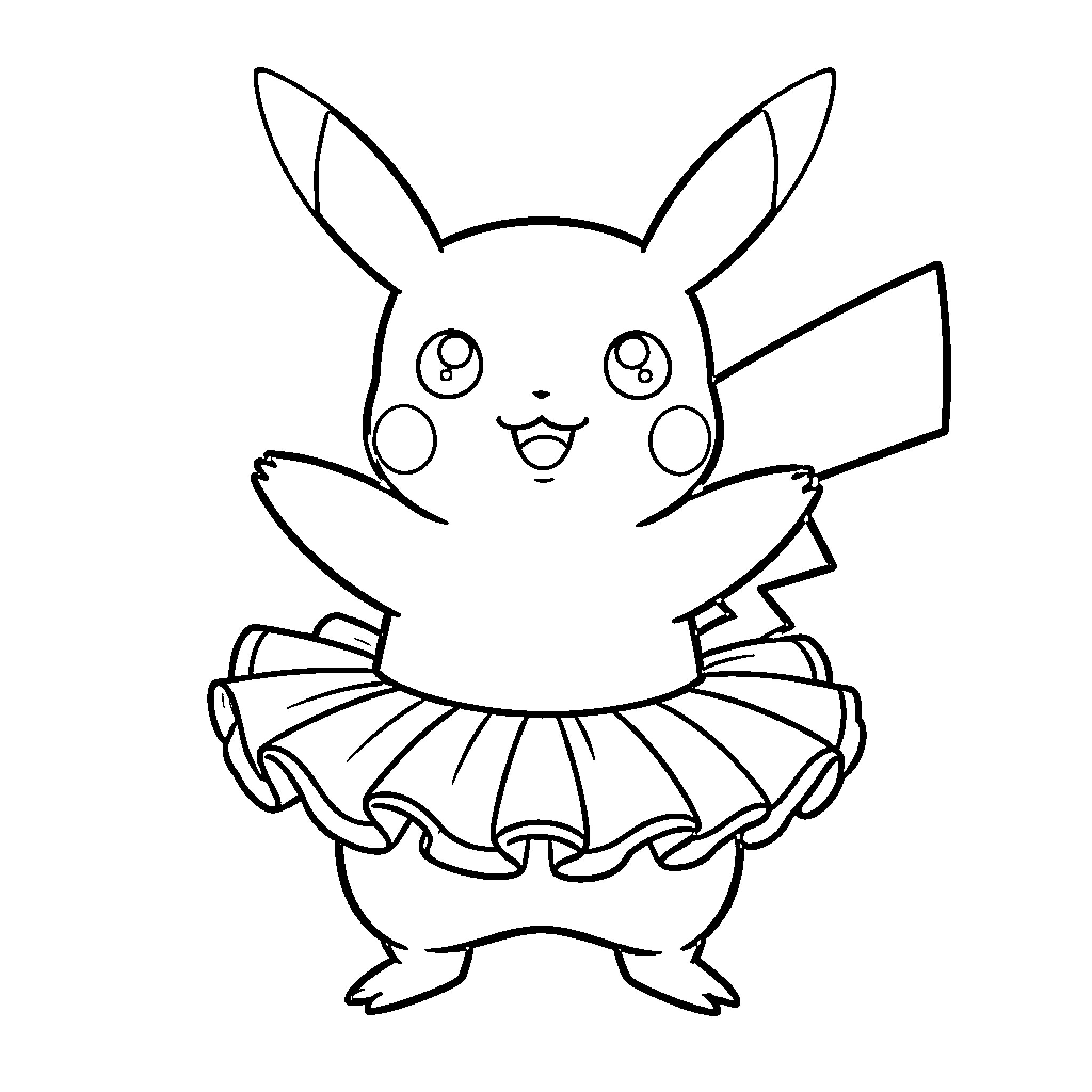 Pikachu in a cheerful tutu outfit Coloring Page (free black-and-white line drawing printable PDF for all, from beginners to advanced learners, including children, teens, adults, and seniors)
