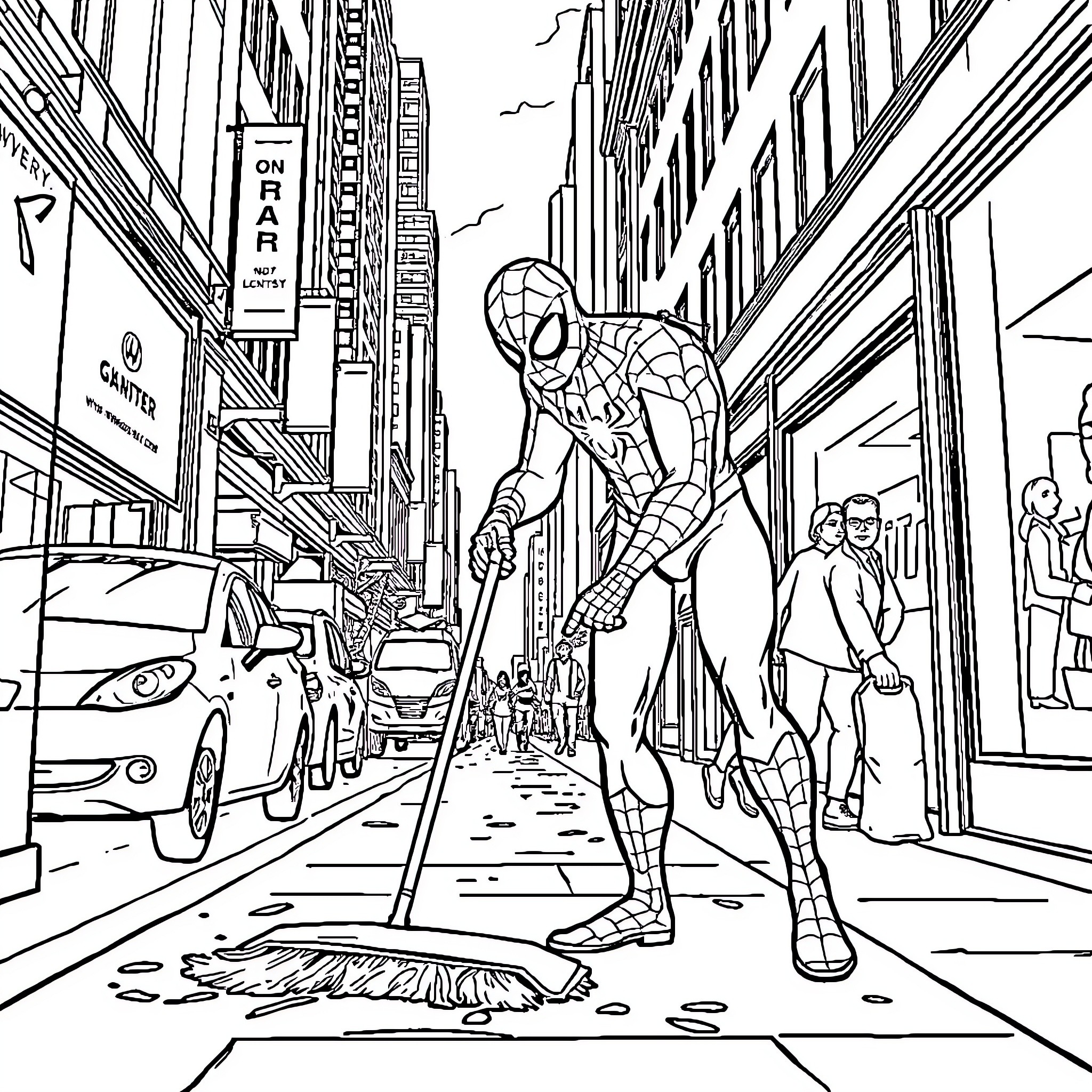 Spiderman swinging through the busy city streets Coloring Page (free black-and-white line drawing printable PDF for all, from beginners to advanced learners, including children, teens, adults, and seniors)