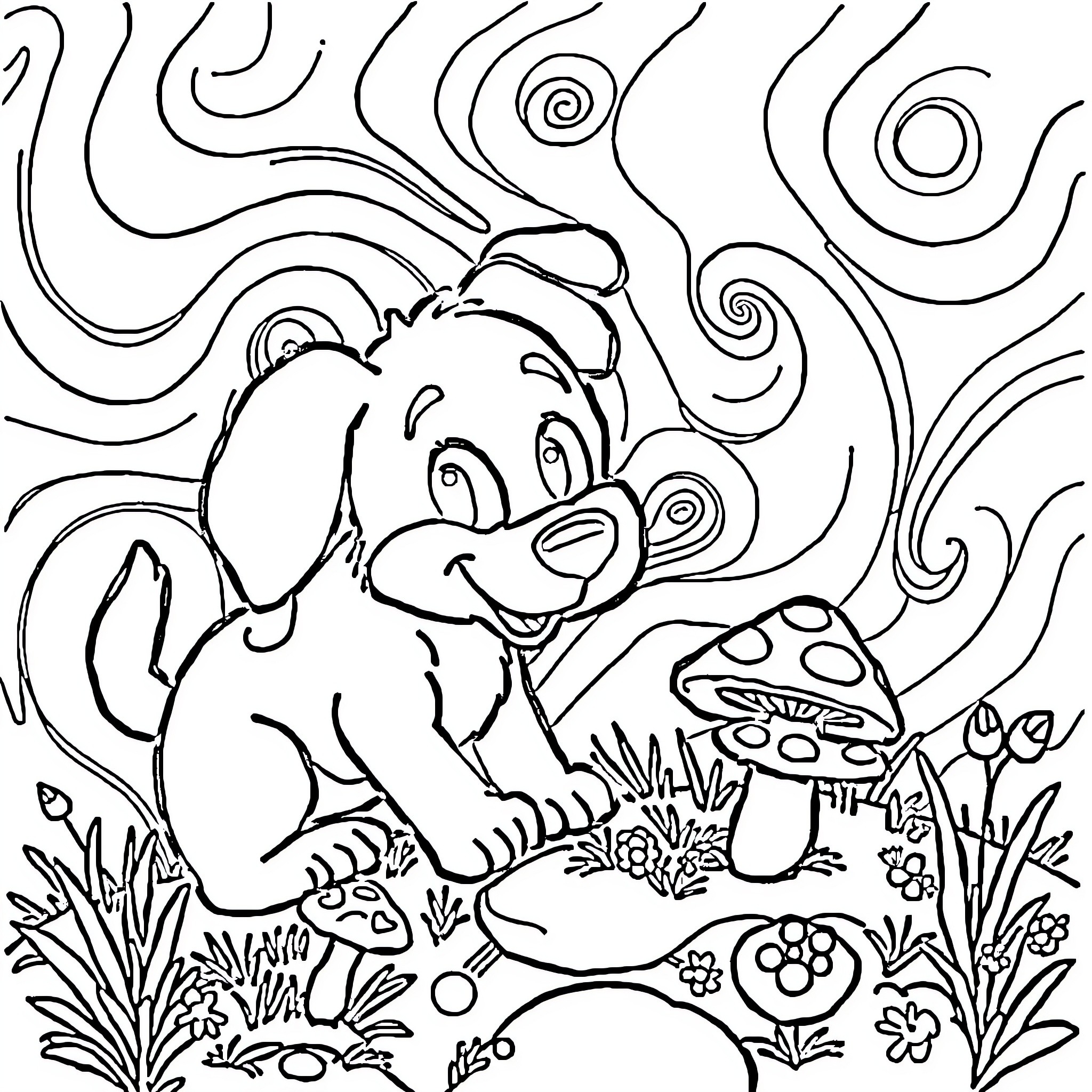Bluey exploring the whimsical forest Coloring Page (free black-and-white line drawing printable PDF for all, from beginners to advanced learners, including children, teens, adults, and seniors)