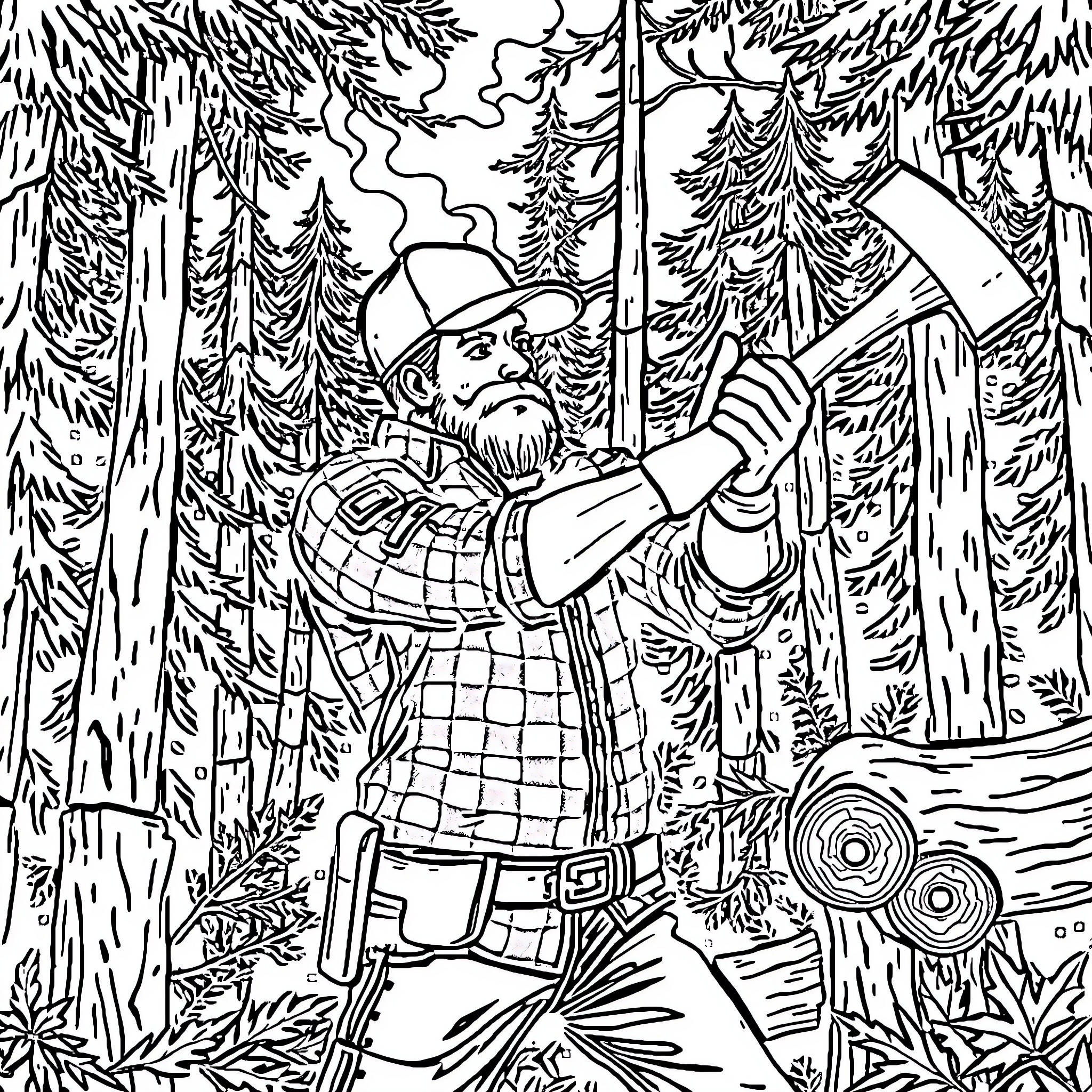 Lumberjack hard at work in the forested landscape Coloring Page (free black-and-white line drawing printable PDF for all, from beginners to advanced learners, including children, teens, adults, and seniors)