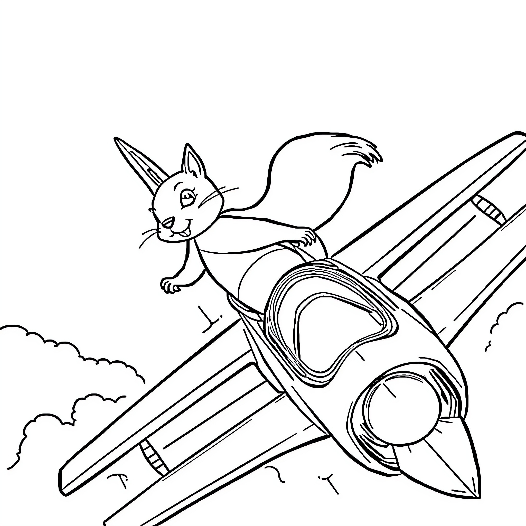 Squirrel riding a colorful rocket in the sky Coloring Page (free black-and-white line drawing printable PDF for all, from beginners to advanced learners, including children, teens, adults, and seniors)