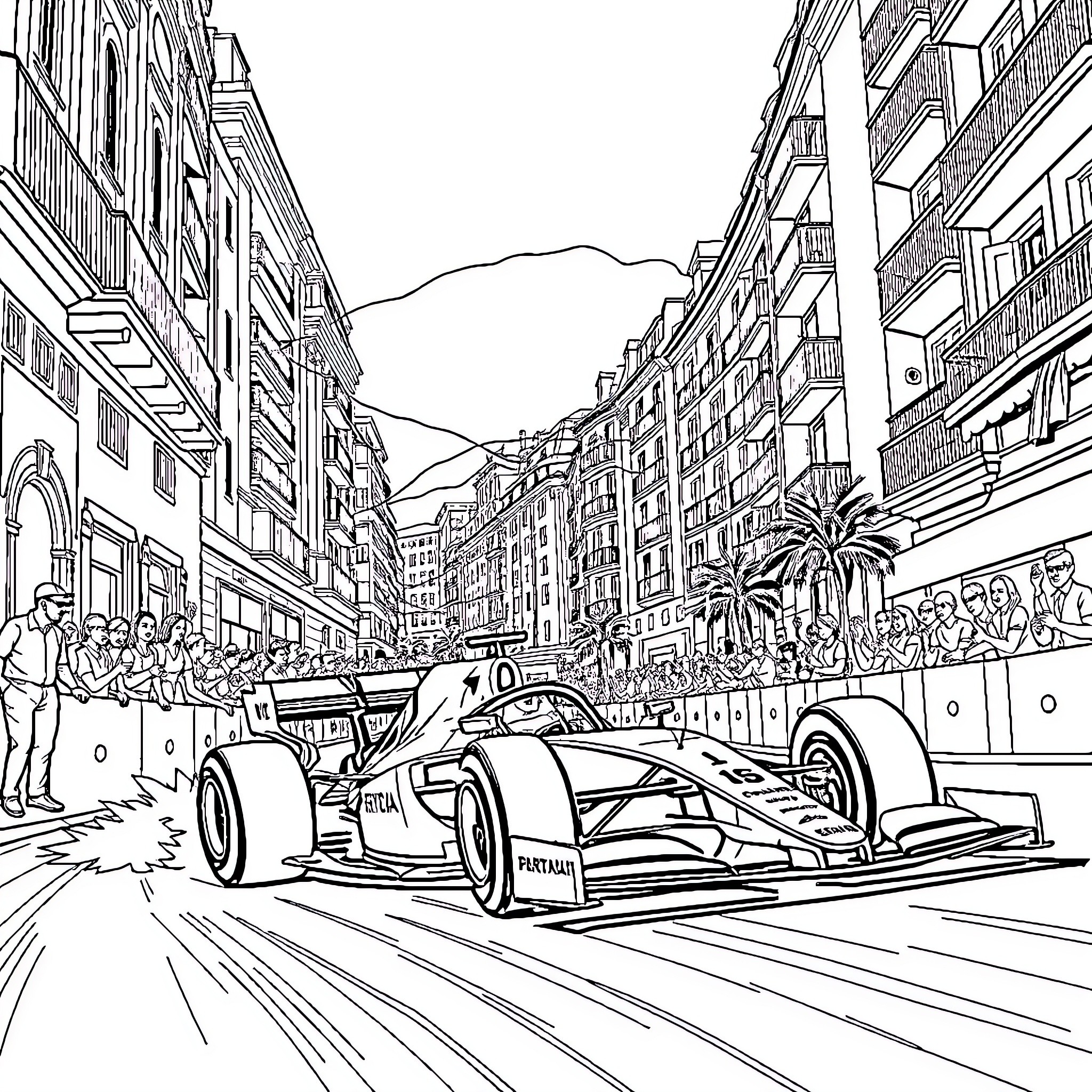 F1 Car racing through the city streets Coloring Page (free black-and-white line drawing printable PDF for all, from beginners to advanced learners, including children, teens, adults, and seniors)