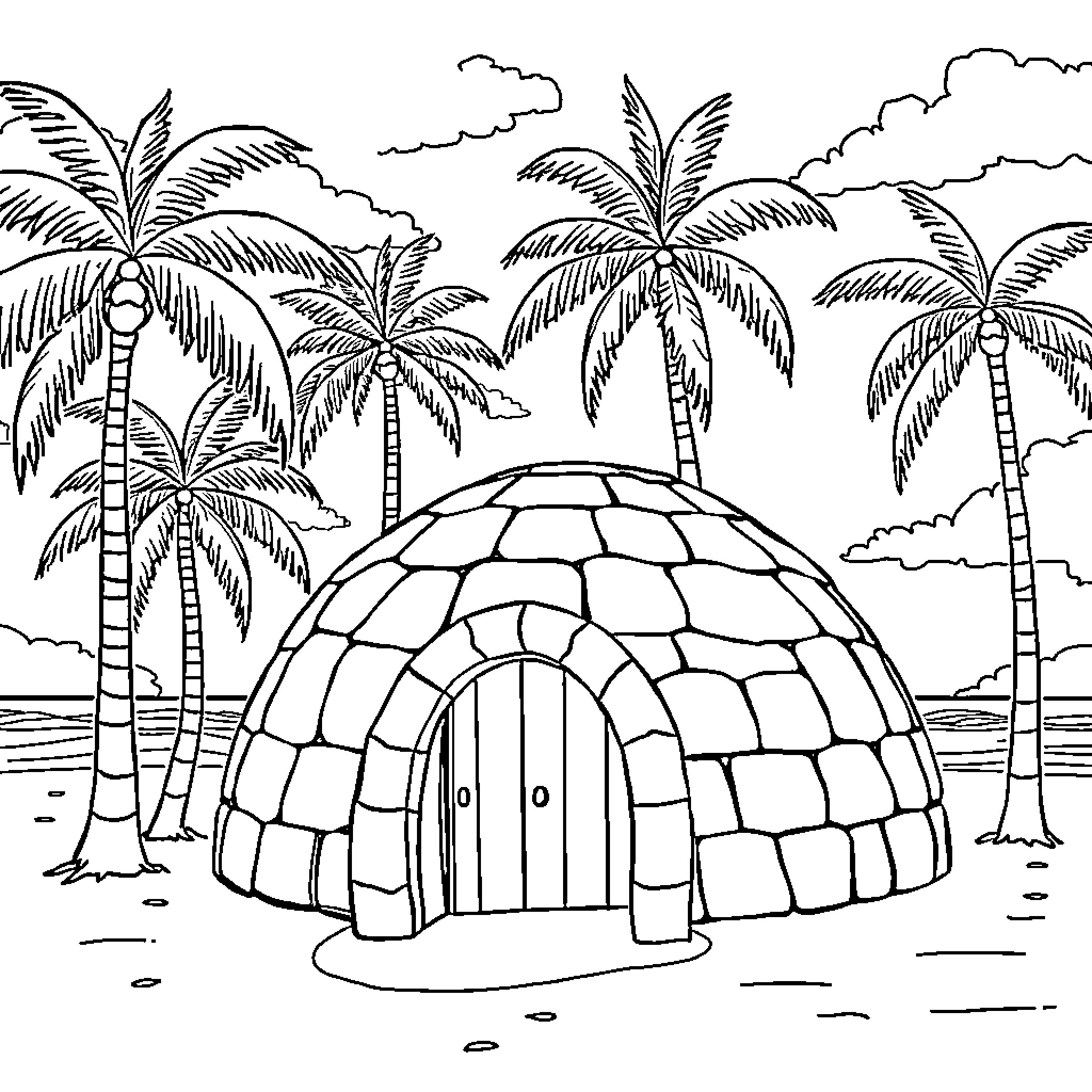 Igloo surrounded by palm trees on tropical beach Coloring Page (free black-and-white line drawing printable PDF for all, from beginners to advanced learners, including children, teens, adults, and seniors)