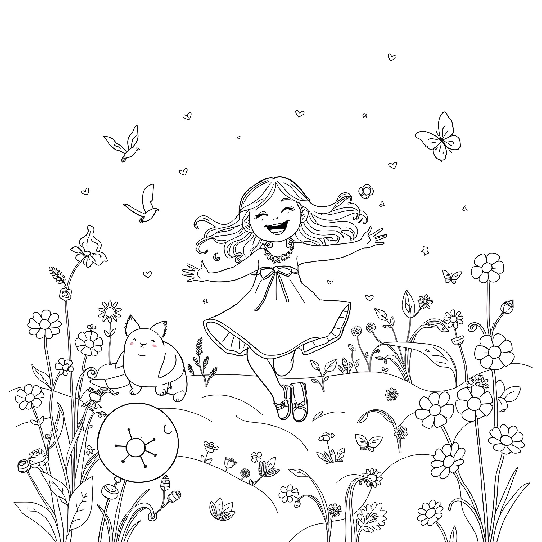 Girl frolicking happily in a whimsical garden Coloring Page (free black-and-white line drawing printable PDF for all, from beginners to advanced learners, including children, teens, adults, and seniors)
