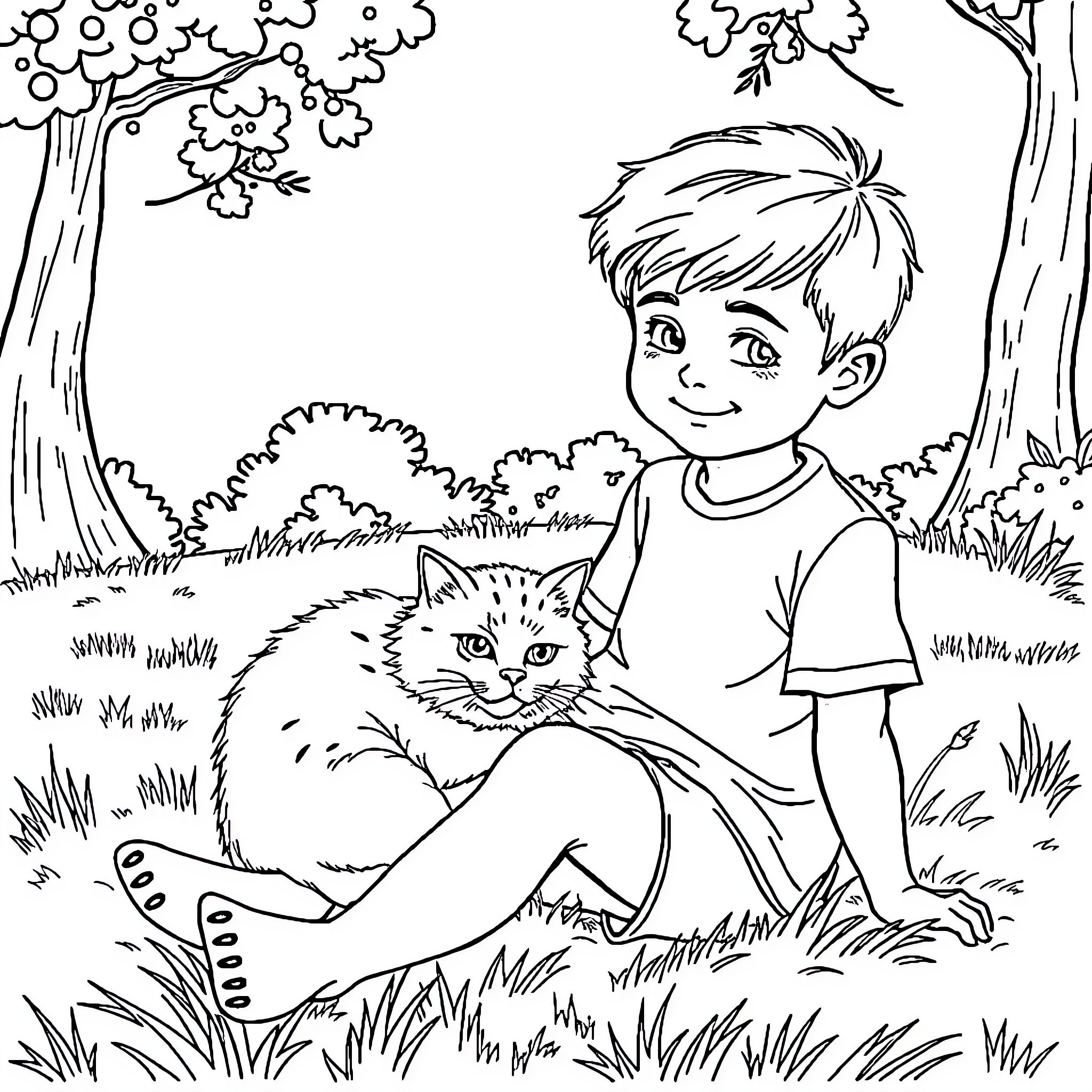 Boy plays happily with furry companion in natural setting Coloring Page (free black-and-white line drawing printable PDF for all, from beginners to advanced learners, including children, teens, adults, and seniors)