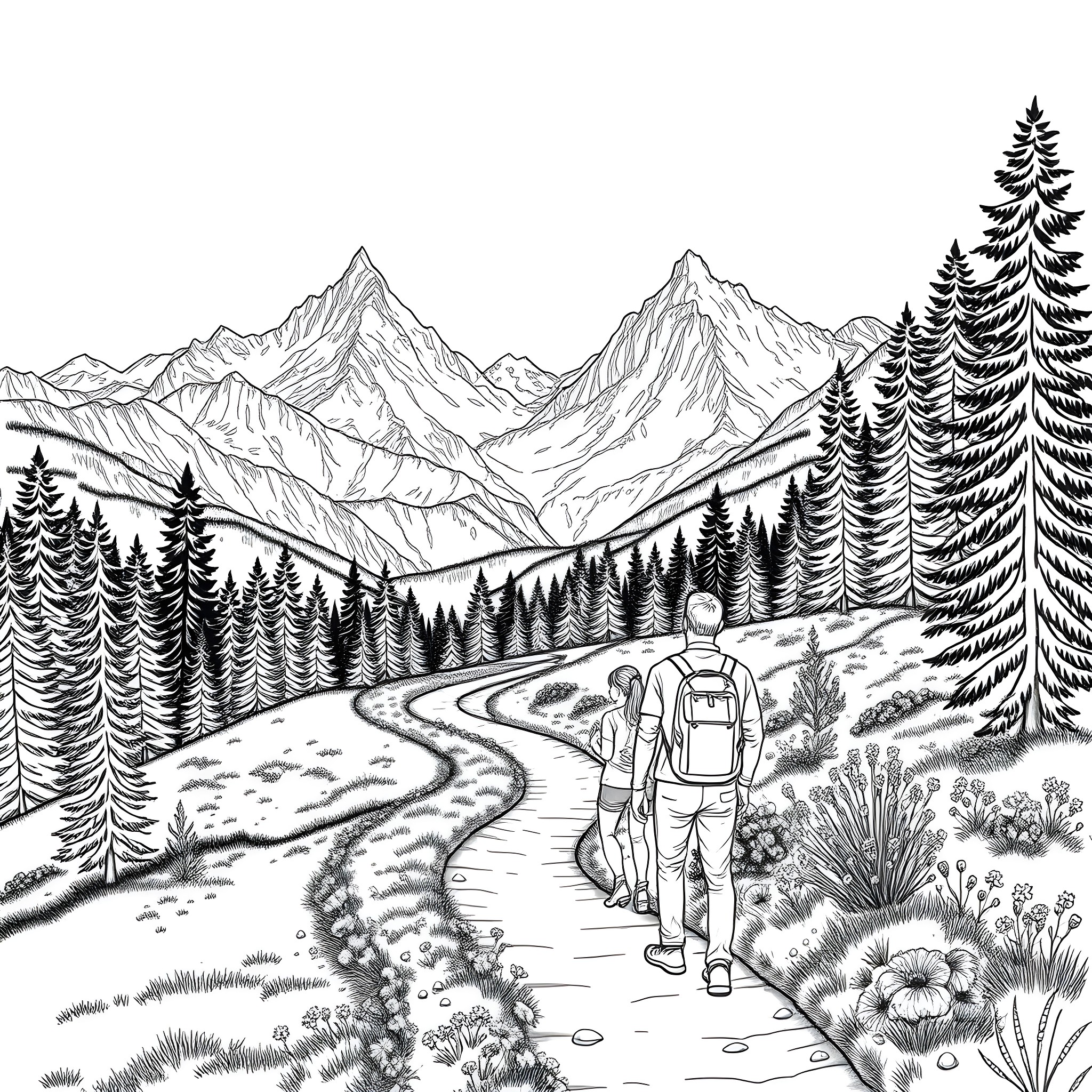 Couple hiking in the scenic mountain landscape Coloring Page (free black-and-white line drawing printable PDF for all, from beginners to advanced learners, including children, teens, adults, and seniors)
