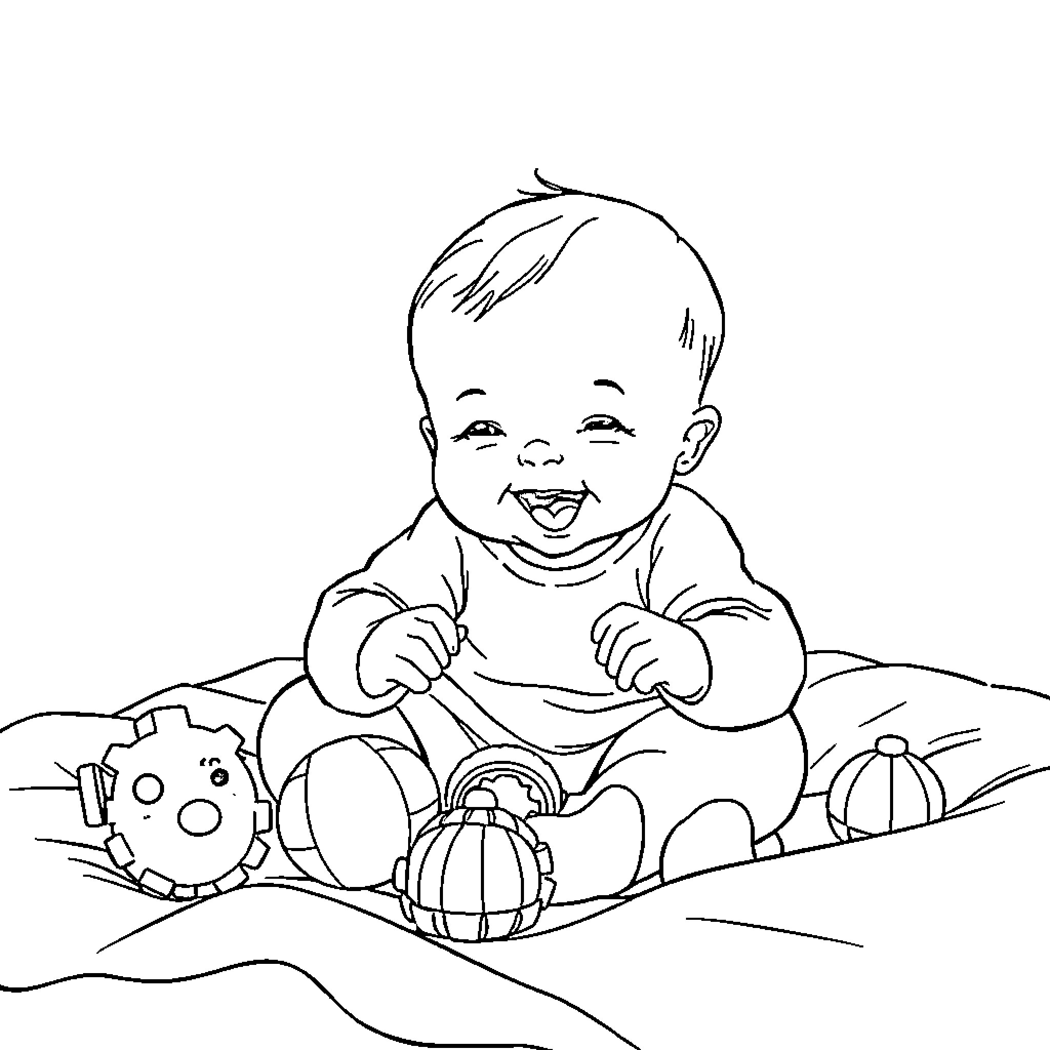 Baby playing happily with toys on the floor Coloring Page (free black-and-white line drawing printable PDF for all, from beginners to advanced learners, including children, teens, adults, and seniors)