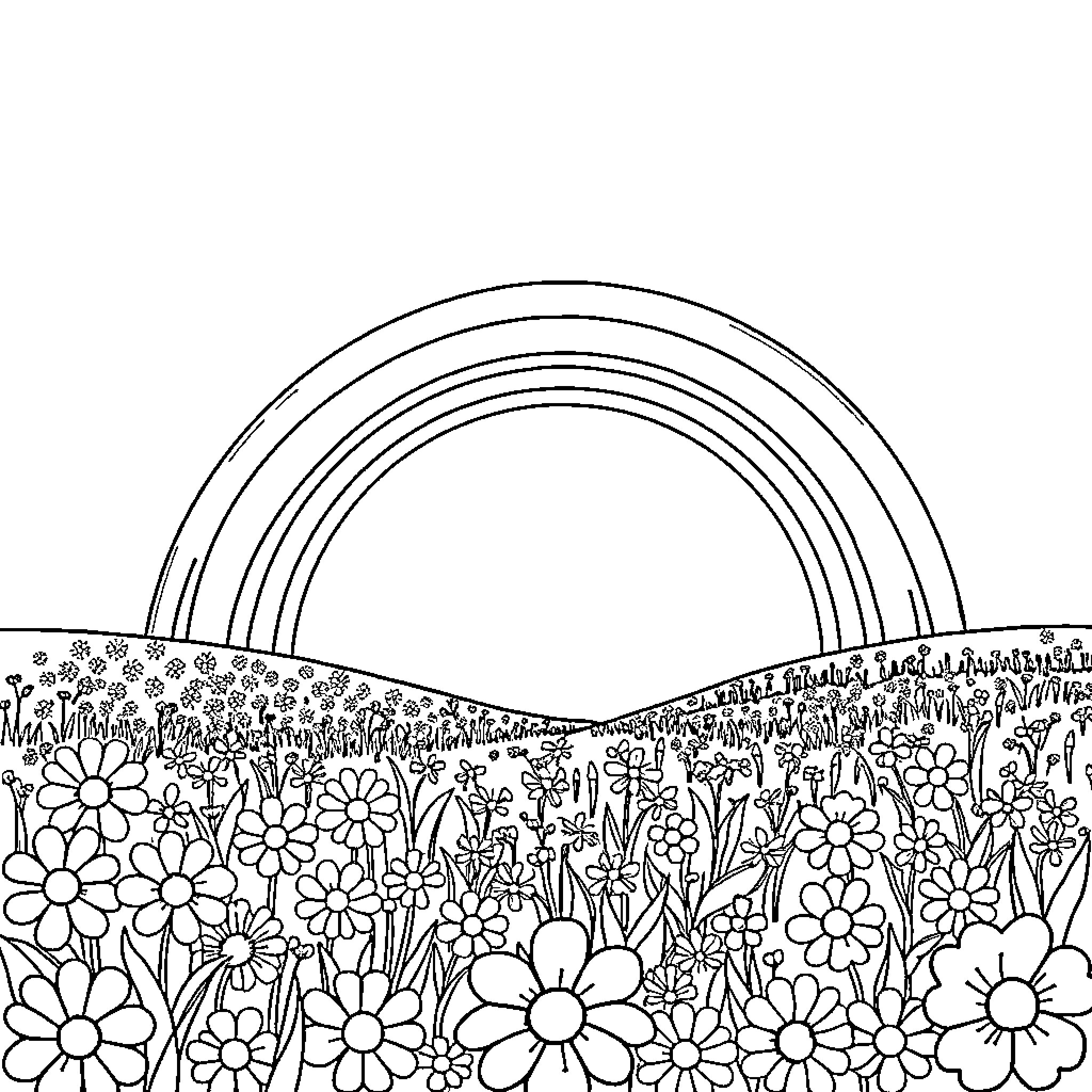 Rainbow garden filled with blooming flowers Coloring Page (free black-and-white line drawing printable PDF for all, from beginners to advanced learners, including children, teens, adults, and seniors)