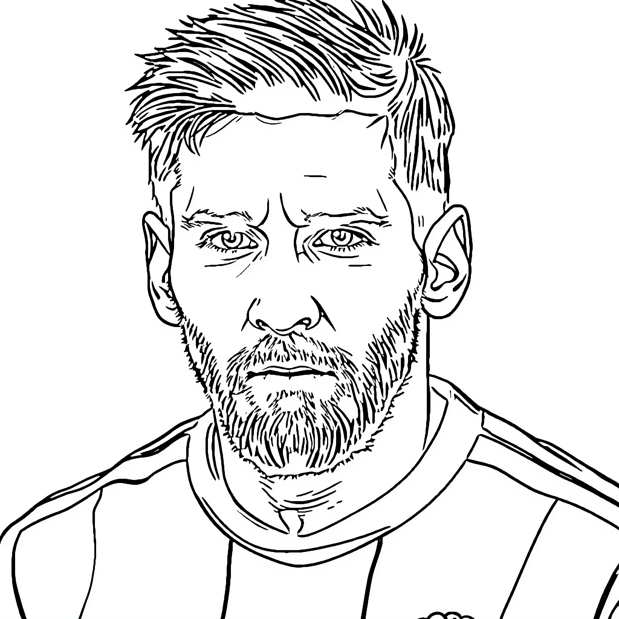 Messi's Intense Gaze and Stubbled Visage Coloring Page (free black-and-white line drawing printable PDF for all, from beginners to advanced learners, including children, teens, adults, and seniors)