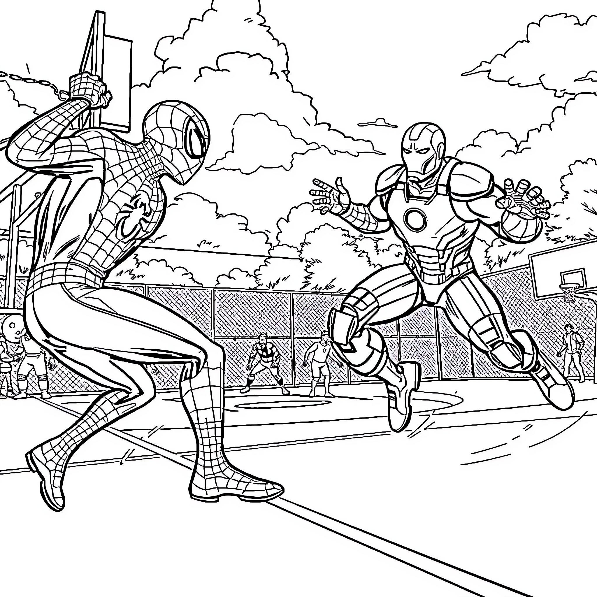 Marvel Character Superheroes in Action Scene Coloring Page (free black-and-white line drawing printable PDF for all, from beginners to advanced learners, including children, teens, adults, and seniors)