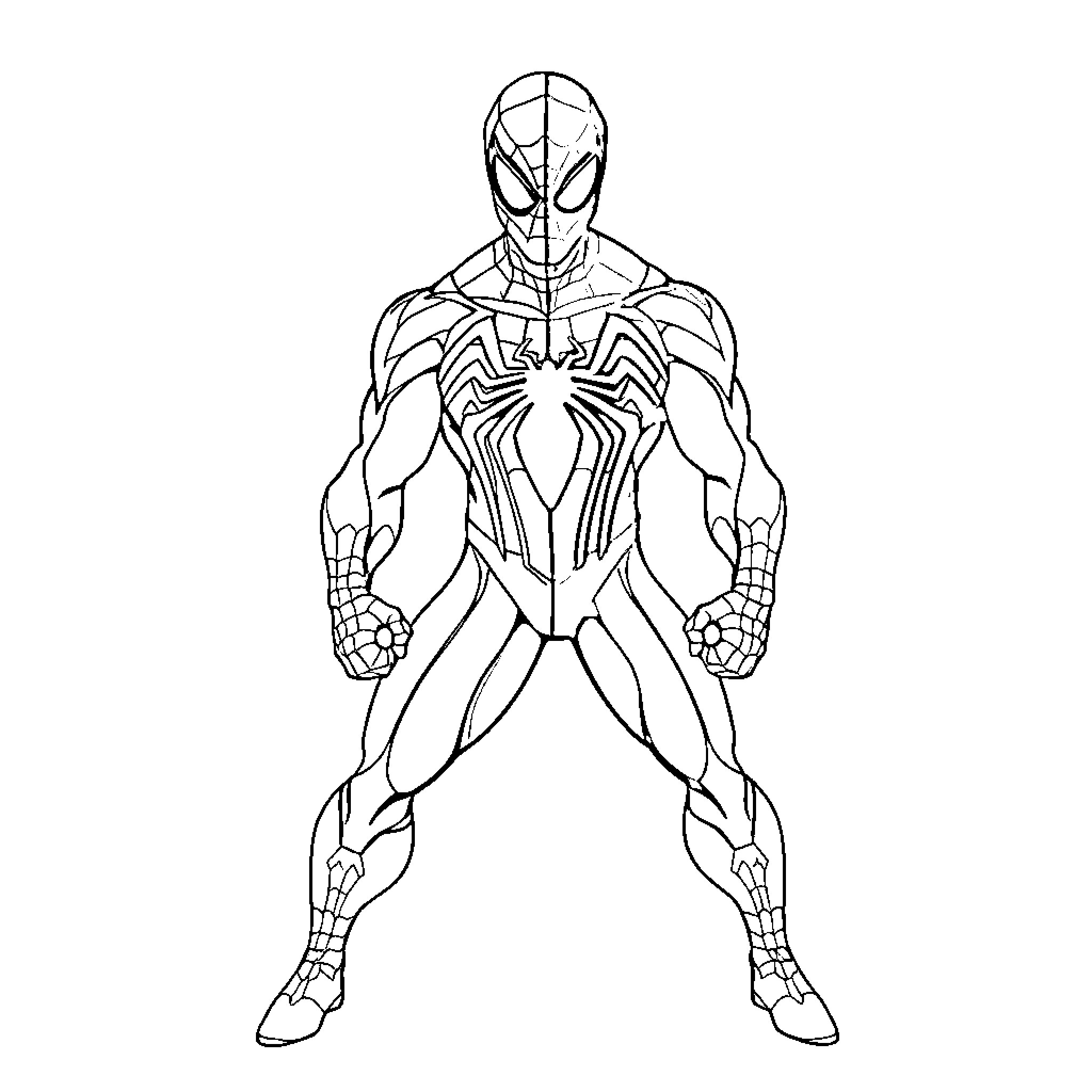 Spiderman in heroic pose with web-like suit Coloring Page (free black-and-white line drawing printable PDF for all, from beginners to advanced learners, including children, teens, adults, and seniors)