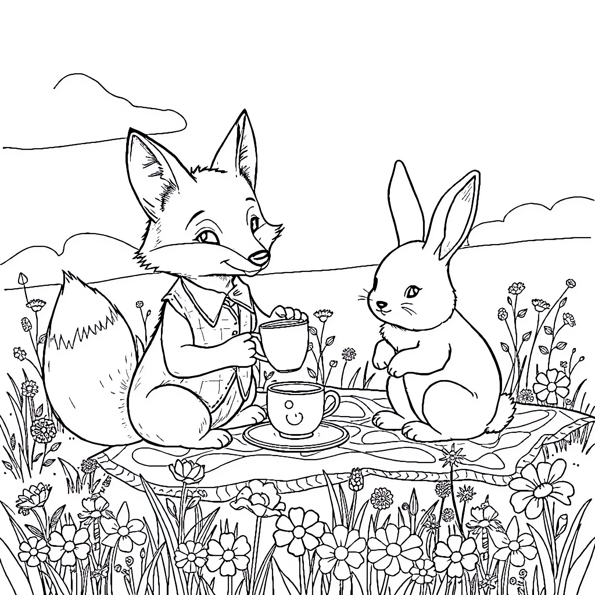 Fox and Rabbit Enjoying a Picnic in the Meadow Coloring Page (free black-and-white line drawing printable PDF for all, from beginners to advanced learners, including children, teens, adults, and seniors)