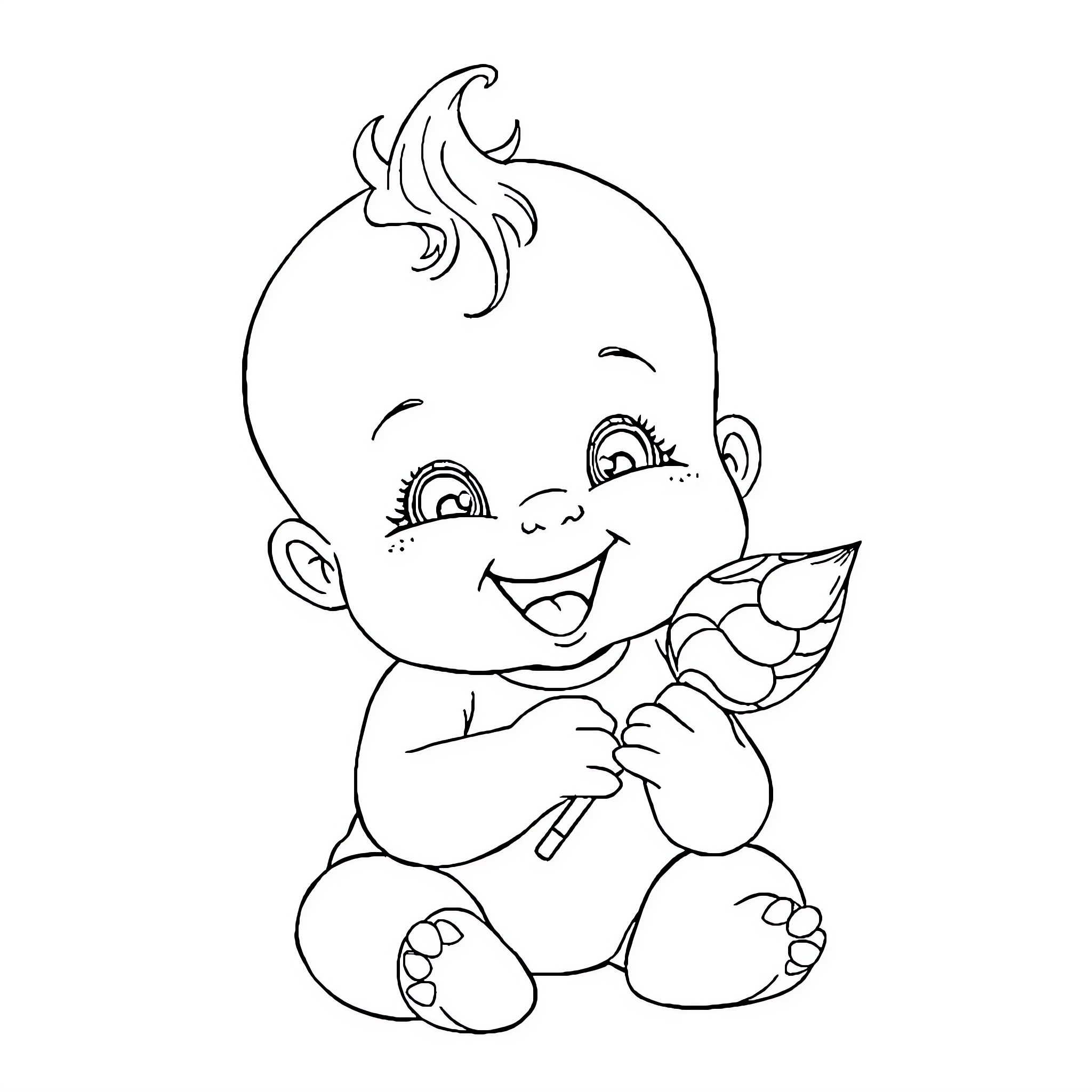 Baby smiling and playing happily with toy Coloring Page (free black-and-white line drawing printable PDF for all, from beginners to advanced learners, including children, teens, adults, and seniors)