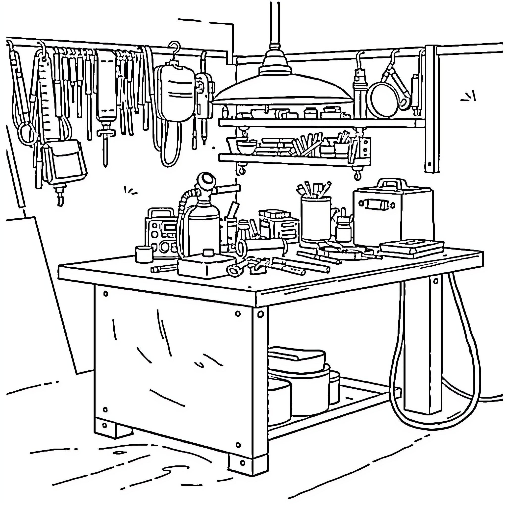 Welding Table with Assorted Tools and Equipment Coloring Page (free black-and-white line drawing printable PDF for all, from beginners to advanced learners, including children, teens, adults, and seniors)