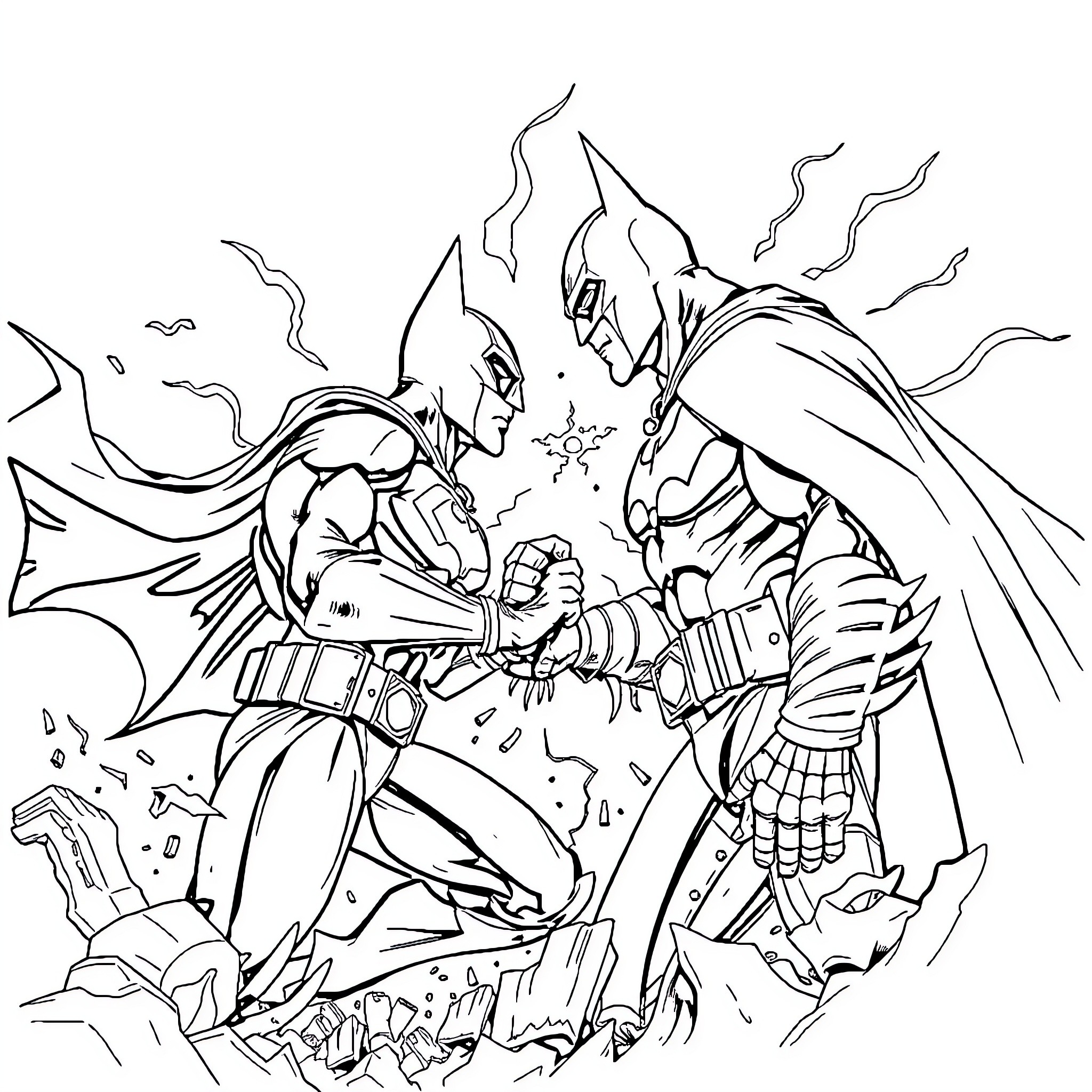 Cibernético Superhero Battle in Ruins Coloring Page (free black-and-white line drawing printable PDF for all, from beginners to advanced learners, including children, teens, adults, and seniors)