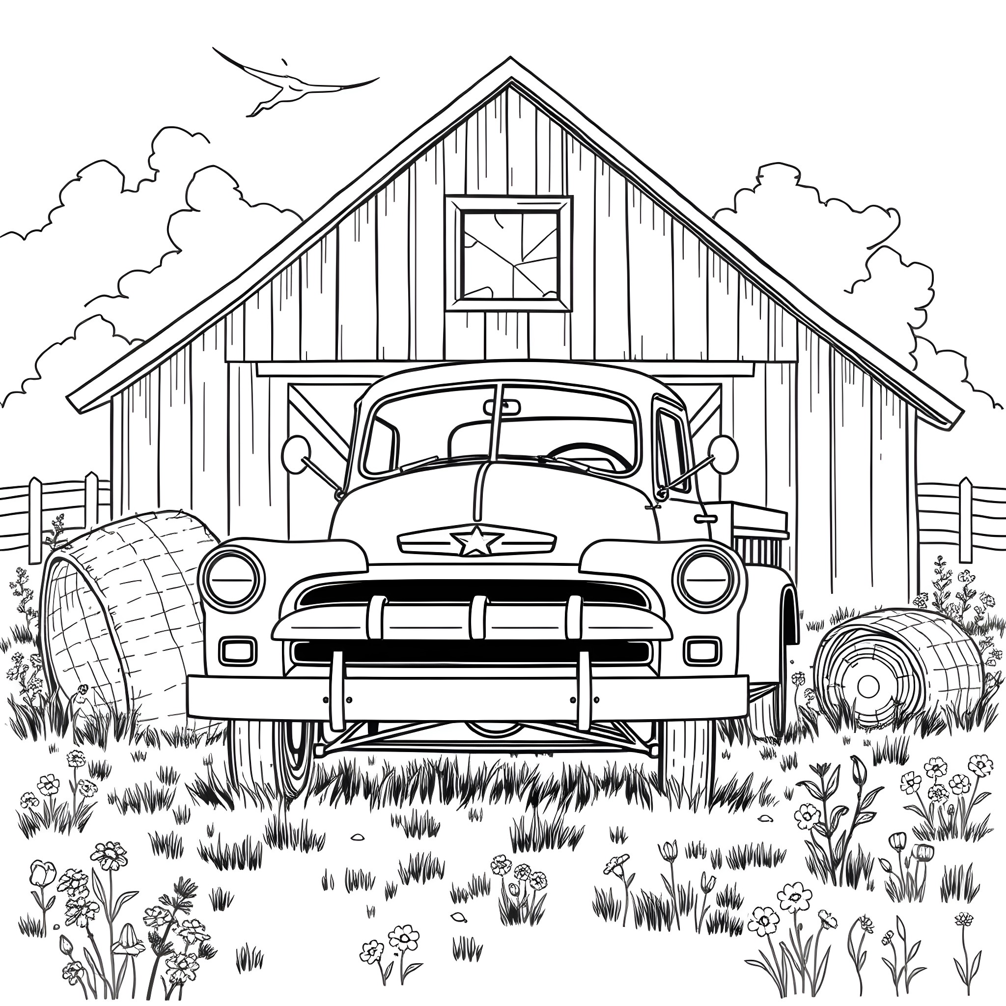 Truck parked in front of rustic barn Coloring Page (free black-and-white line drawing printable PDF for all, from beginners to advanced learners, including children, teens, adults, and seniors)