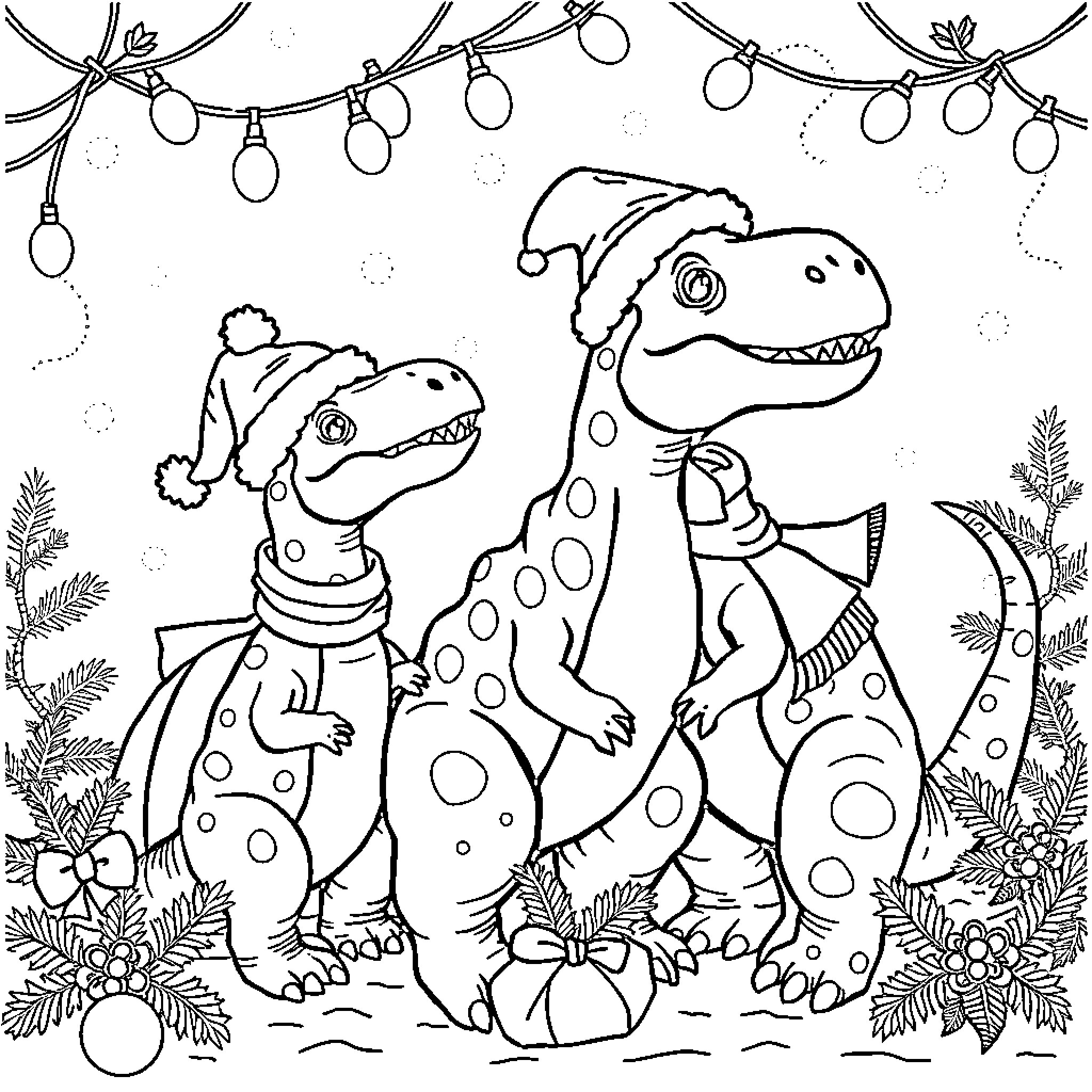 Dinosaurs Celebrating Winter Holiday Season Coloring Page (free black-and-white line drawing printable PDF for all, from beginners to advanced learners, including children, teens, adults, and seniors)