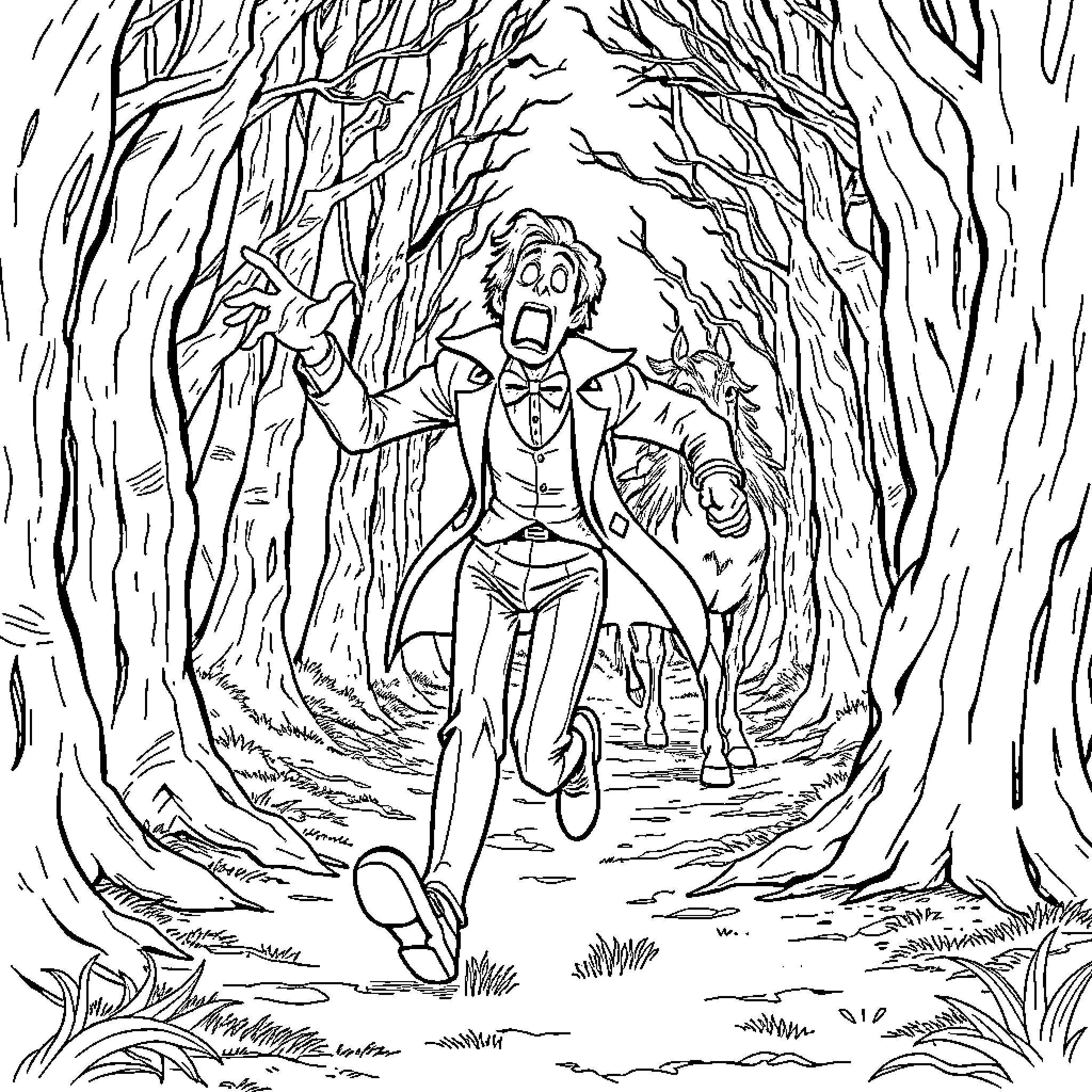 Ichabod Crane running through a dark, eerie forest Coloring Page (free black-and-white line drawing printable PDF for all, from beginners to advanced learners, including children, teens, adults, and seniors)