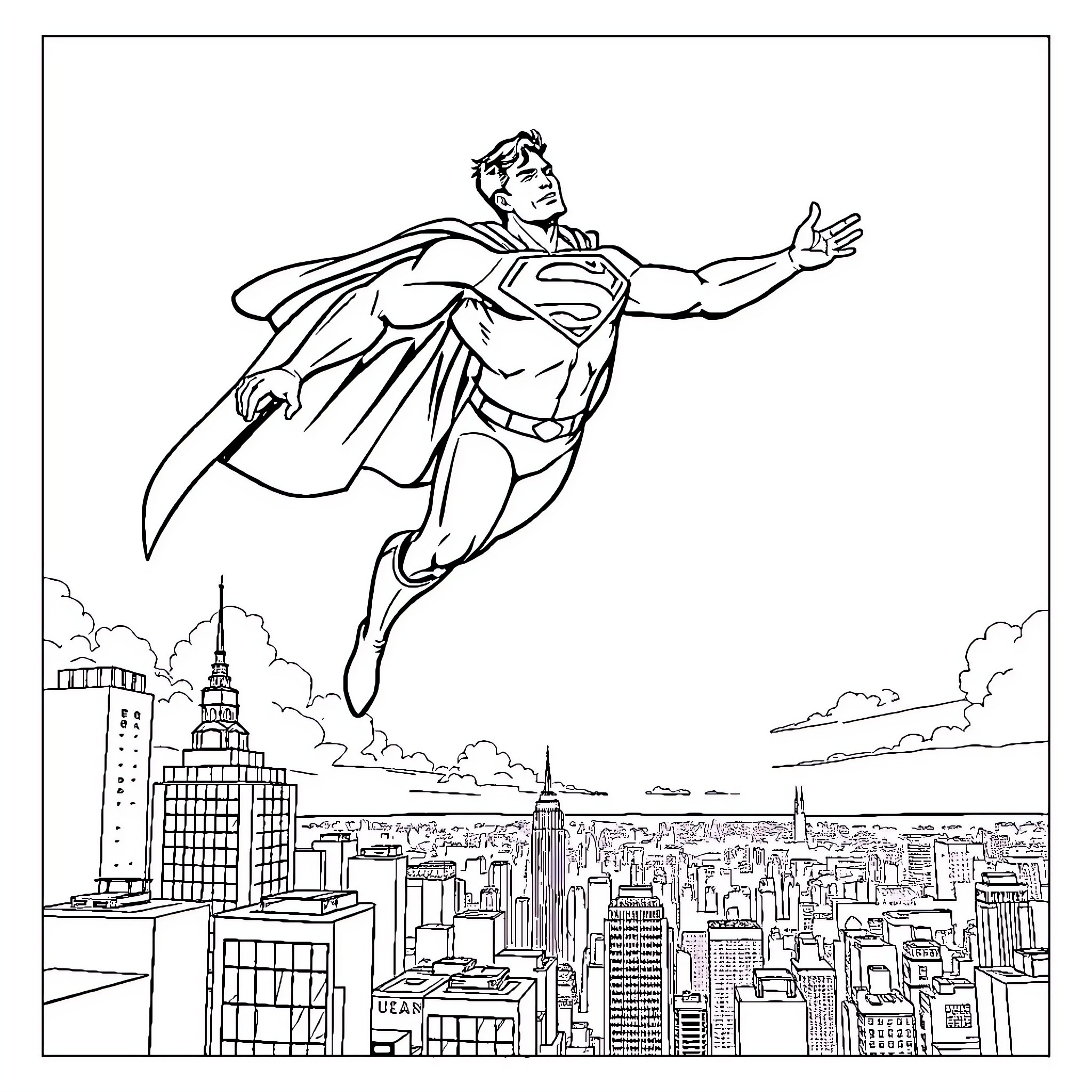 Superman soaring over the cityscape Coloring Page (free black-and-white line drawing printable PDF for all, from beginners to advanced learners, including children, teens, adults, and seniors)
