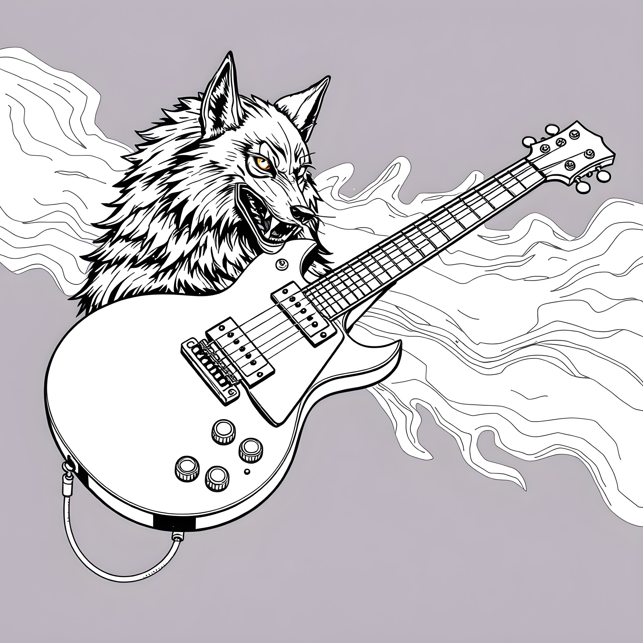 Steelwolf shredding electric guitar Coloring Page (free black-and-white line drawing printable PDF for all, from beginners to advanced learners, including children, teens, adults, and seniors)