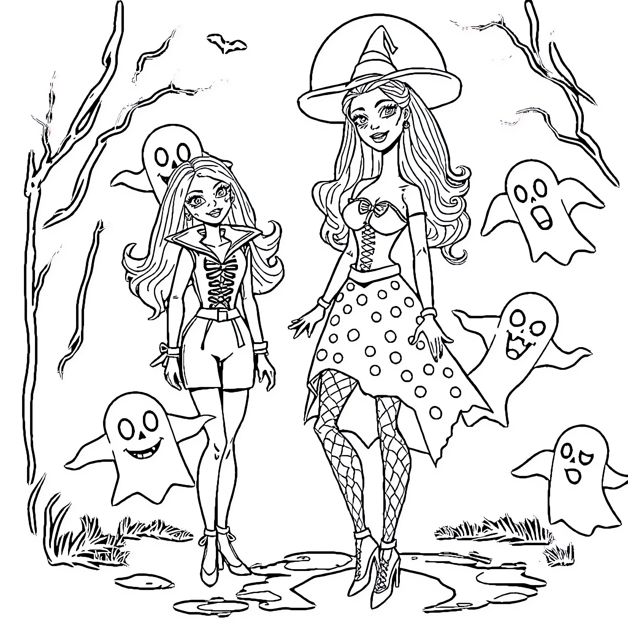 Barbie and Friends Celebrate Halloween Coloring Page (free black-and-white line drawing printable PDF for all, from beginners to advanced learners, including children, teens, adults, and seniors)