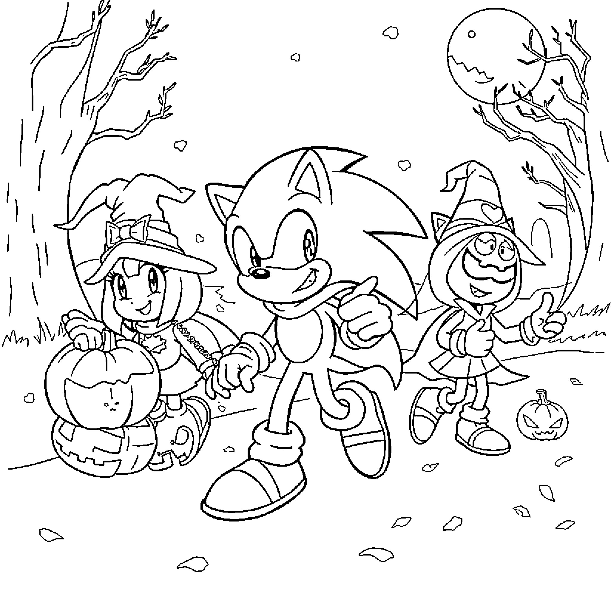 Sonic and friends celebrate Halloween Coloring Page (free black-and-white line drawing printable PDF for all, from beginners to advanced learners, including children, teens, adults, and seniors)