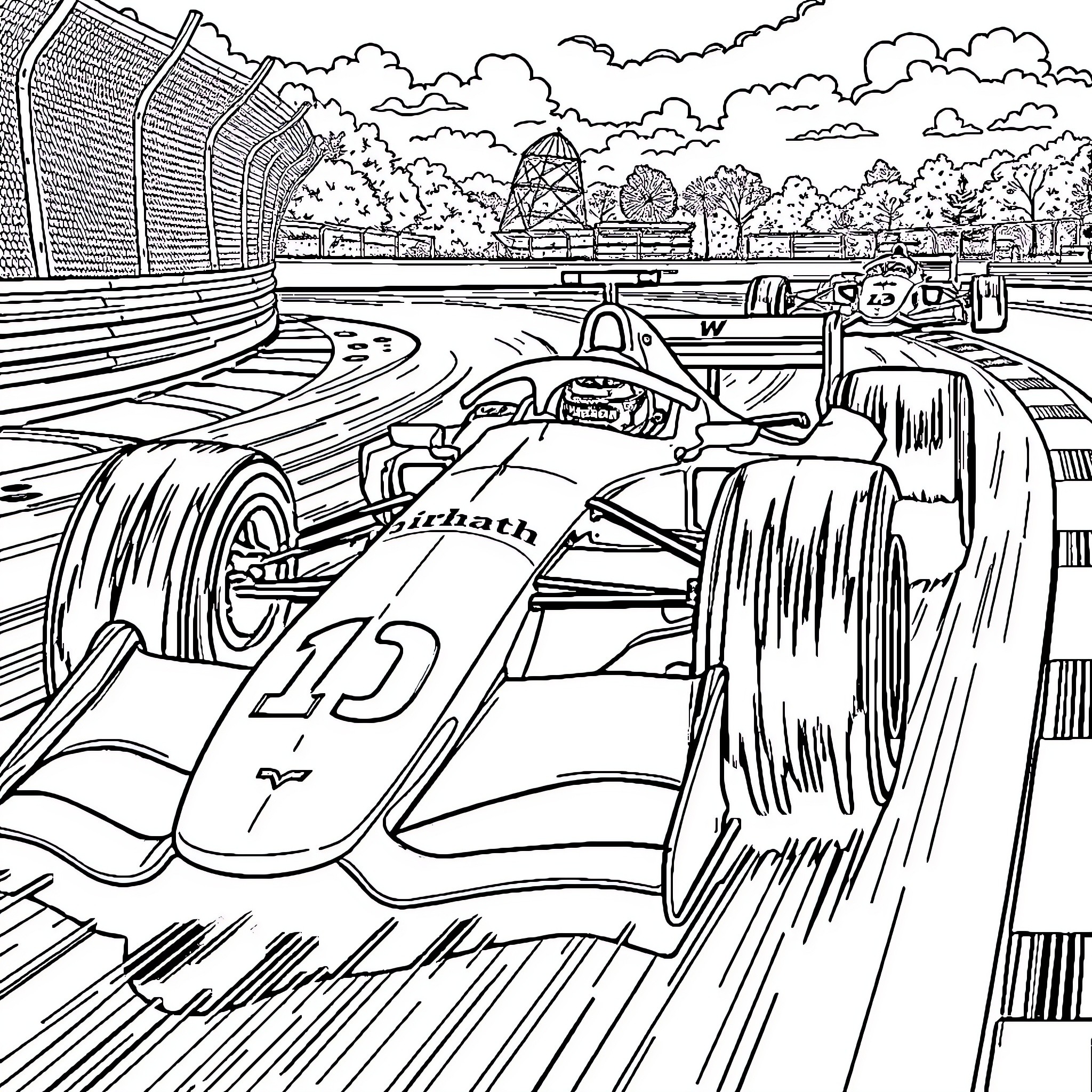 Formula 1 Racing Vehicles in Action on Track Coloring Page (free black-and-white line drawing printable PDF for all, from beginners to advanced learners, including children, teens, adults, and seniors)