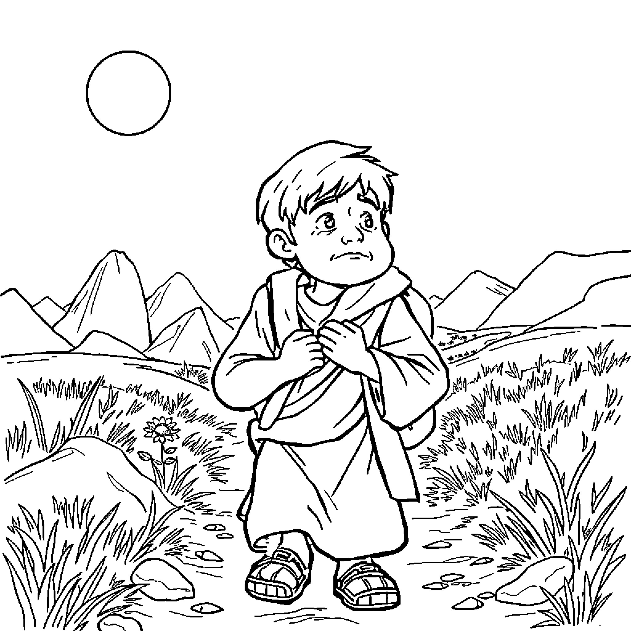Prodigal Son Contemplates His Journey in the Wilderness Coloring Page (free black-and-white line drawing printable PDF for all, from beginners to advanced learners, including children, teens, adults, and seniors)