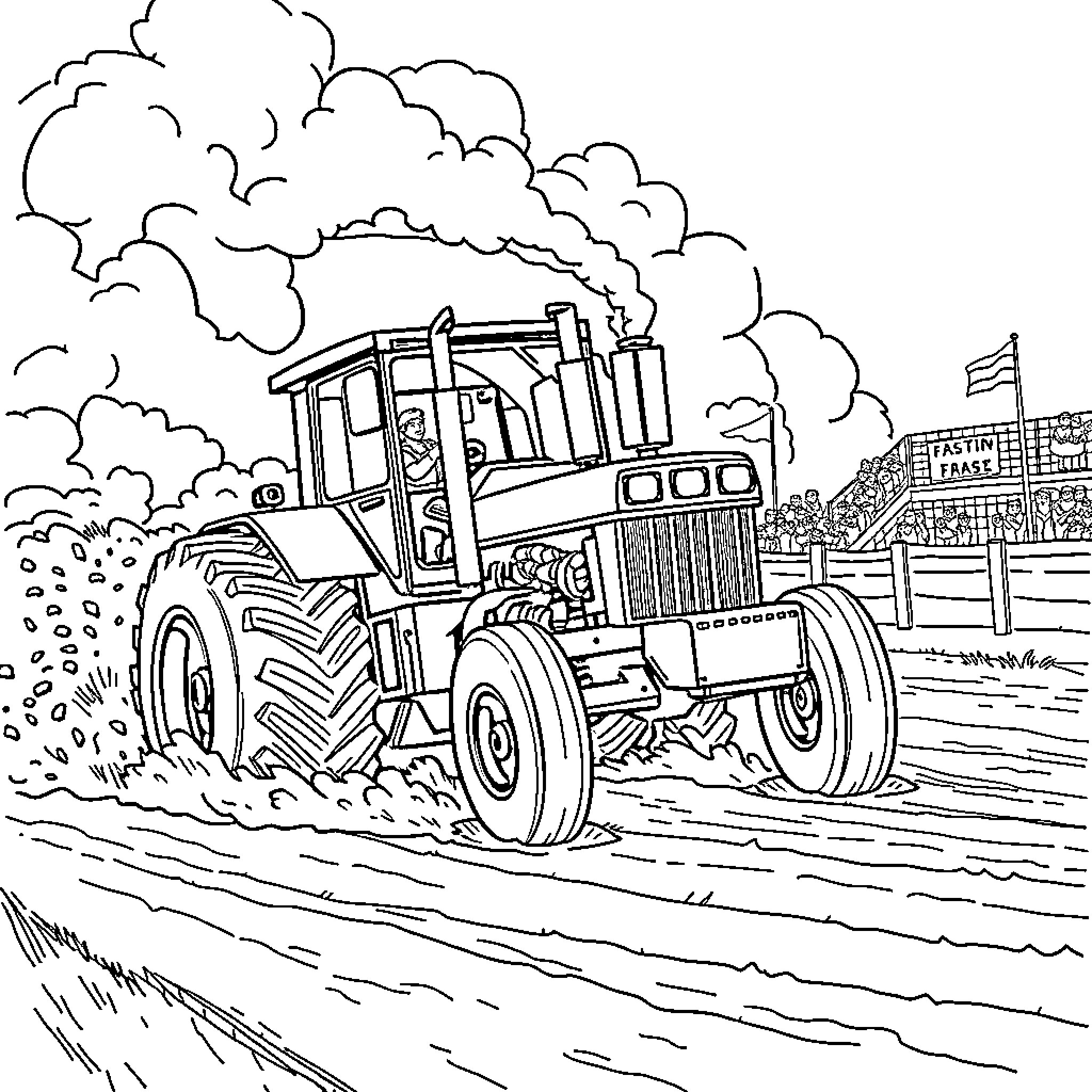 Tractor plowing through muddy field Coloring Page (free black-and-white line drawing printable PDF for all, from beginners to advanced learners, including children, teens, adults, and seniors)