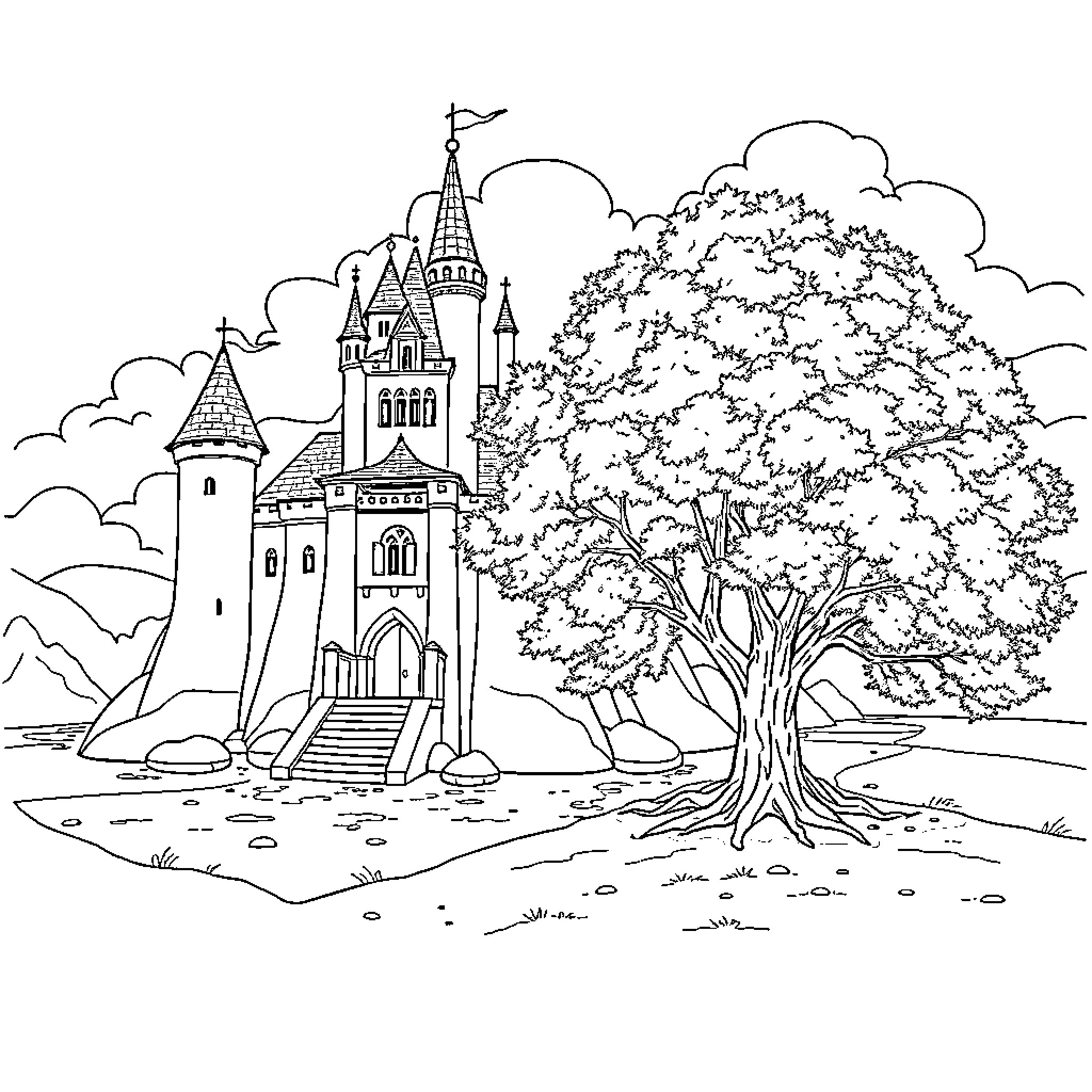 Castillo of a Fairytale Landscape Coloring Page (free black-and-white line drawing printable PDF for all, from beginners to advanced learners, including children, teens, adults, and seniors)
