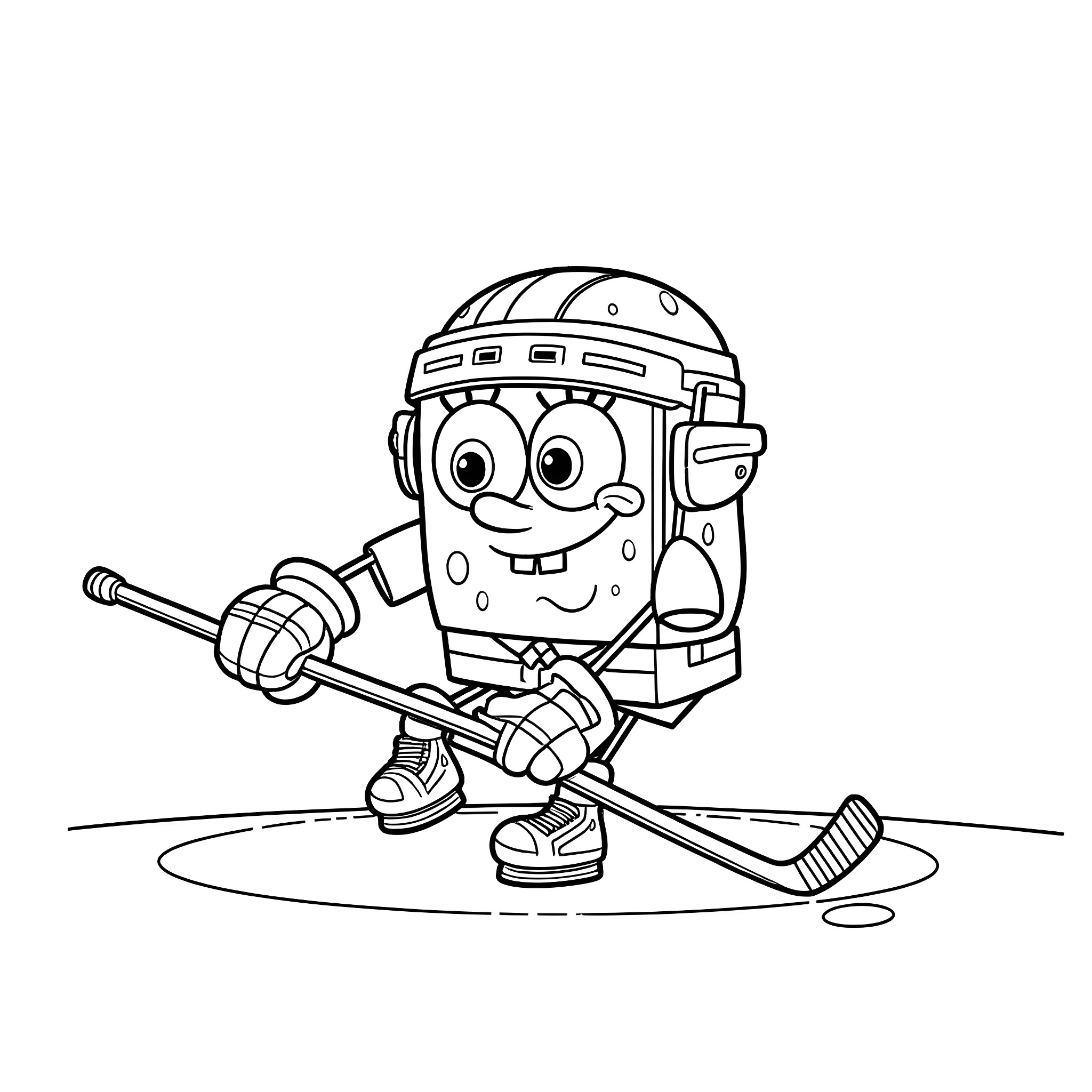 Spongebob playing hockey with a hockey stick Coloring Page (free black-and-white line drawing printable PDF for all, from beginners to advanced learners, including children, teens, adults, and seniors)