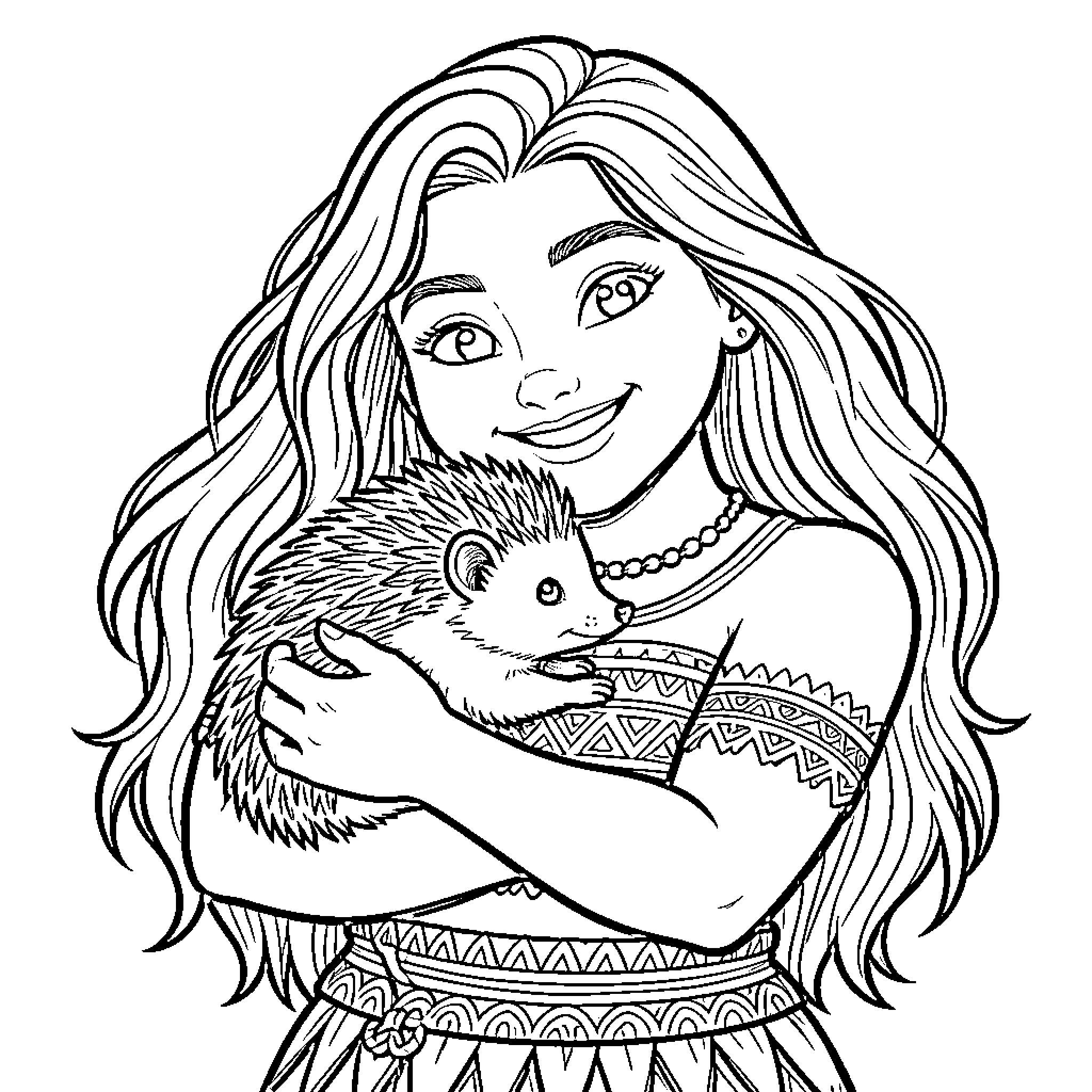 Moana hugging a hedgehog with intricate patterns Coloring Page (free black-and-white line drawing printable PDF for all, from beginners to advanced learners, including children, teens, adults, and seniors)