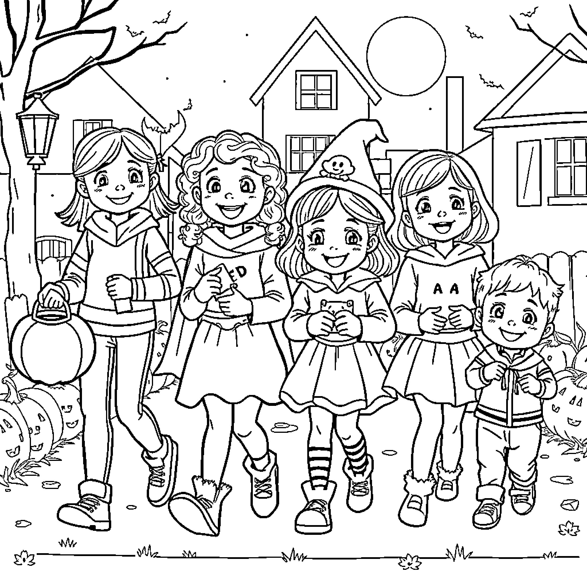 Child friends enjoying outdoor activities on Halloween Coloring Page (free black-and-white line drawing printable PDF for all, from beginners to advanced learners, including children, teens, adults, and seniors)
