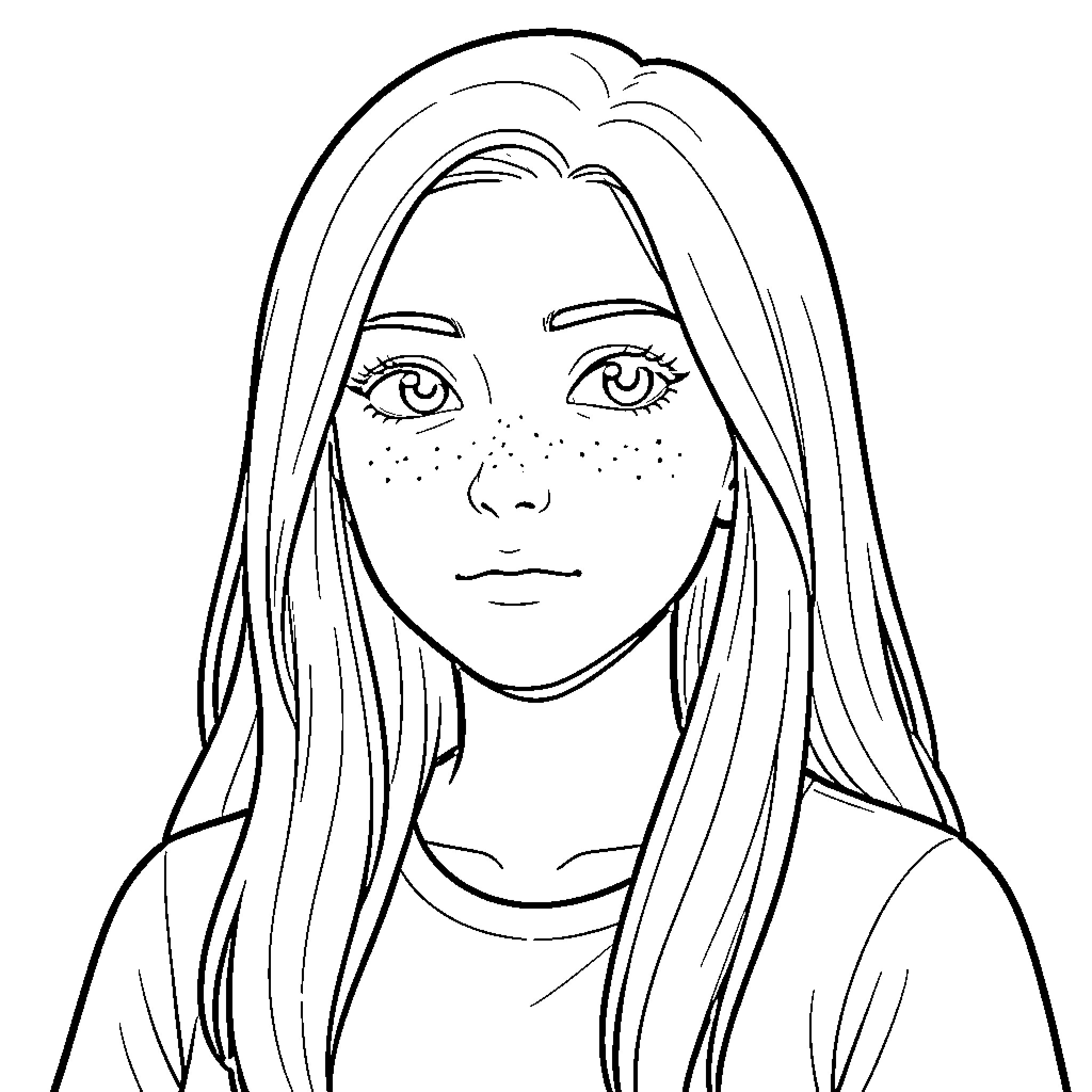 Teenager with long hair and freckles looking forward Coloring Page (free black-and-white line drawing printable PDF for all, from beginners to advanced learners, including children, teens, adults, and seniors)